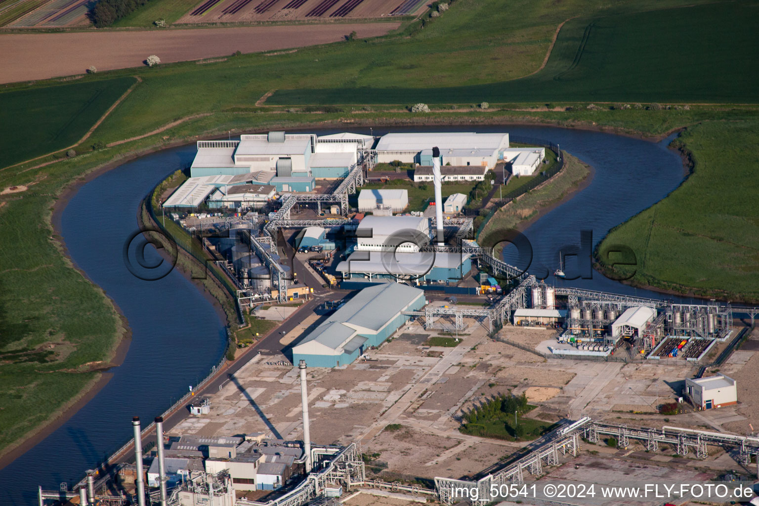 Aerial view of Building and production halls on the premises of the chemical manufacturers Pfizer Ltd in Sandwich in England, United Kingdom