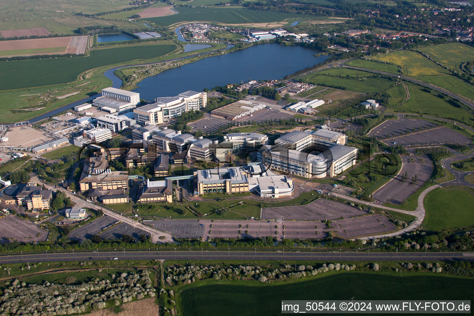 Bird's eye view of Building and production halls on the premises of the chemical manufacturers Pfizer Ltd and Discovery Park in Sandwich in England, United Kingdom