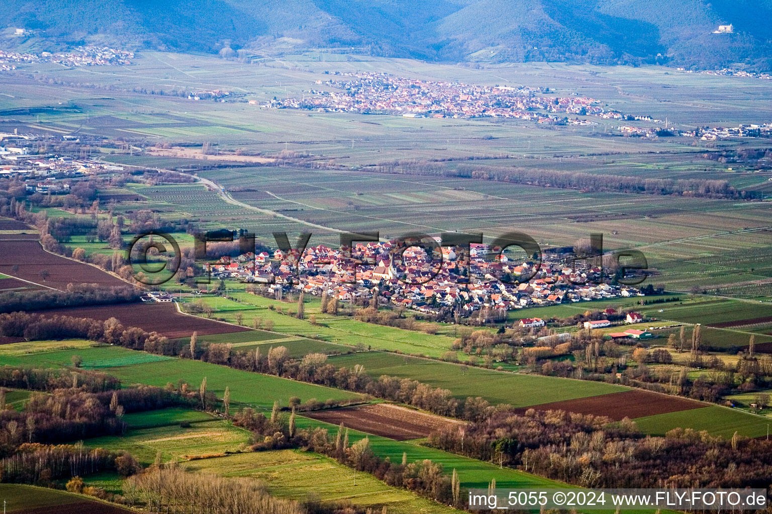 Bird's eye view of Village - view on the edge of agricultural fields and farmland in Venningen in the state Rhineland-Palatinate