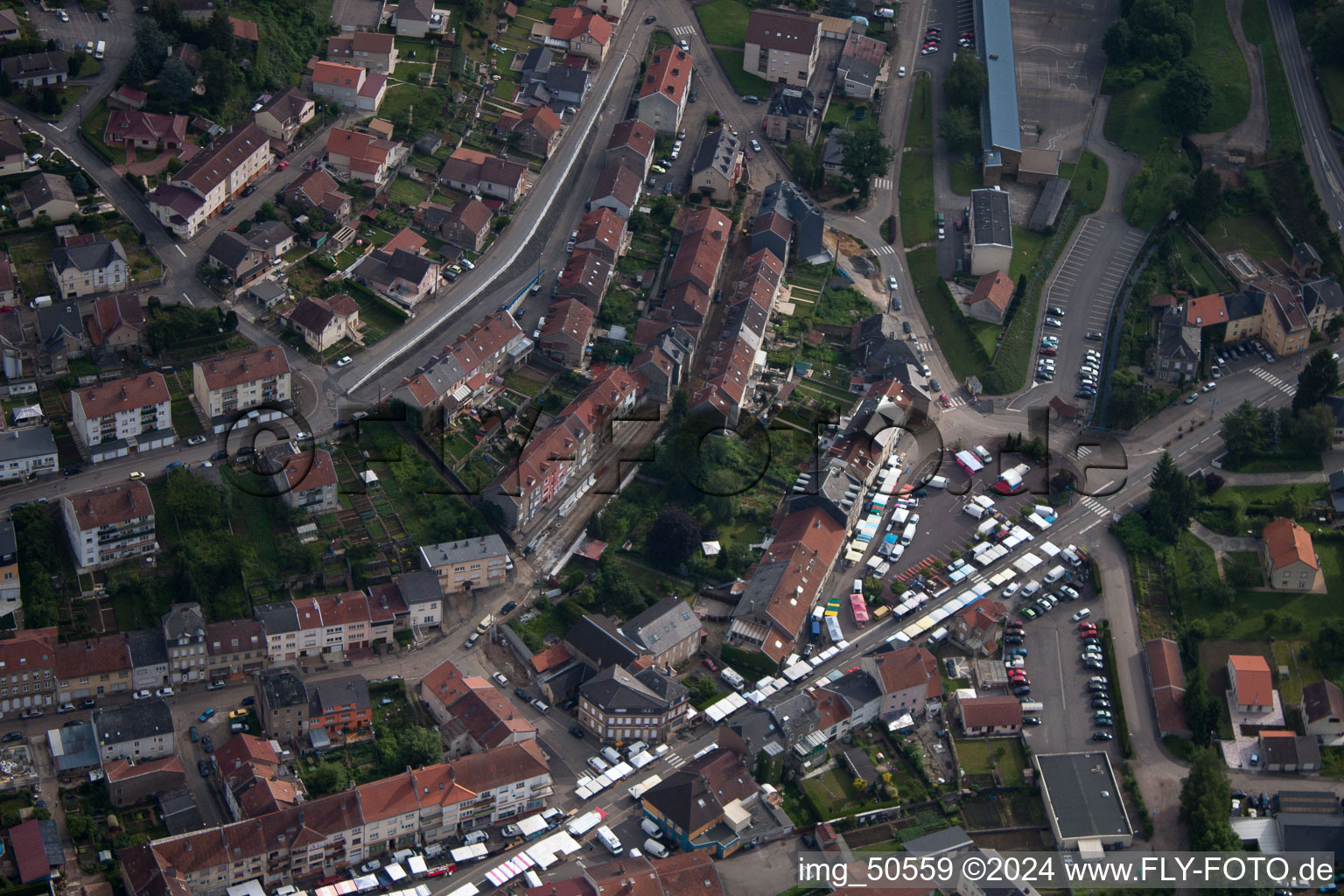 Aerial view of Town View of the streets and houses of the residential areas in Ottange in Grand Est, France