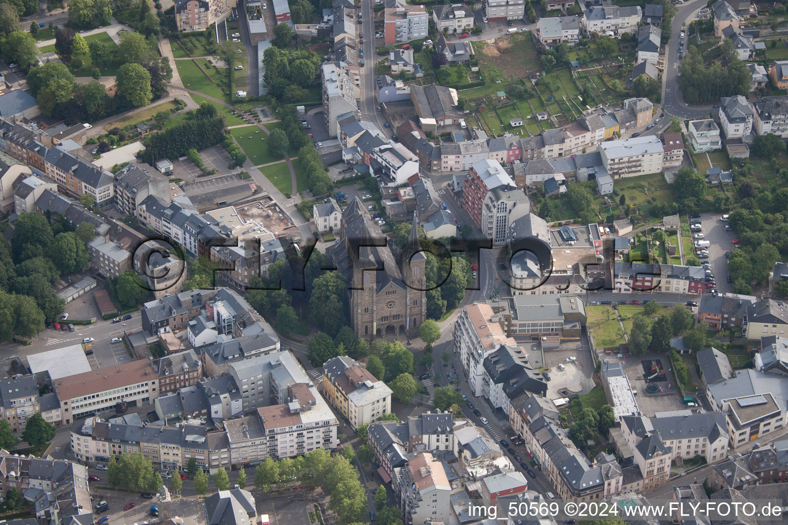 Aerial view of Church building in Old Town- center of downtown in Dudelange in District de Luxembourg, Luxembourg