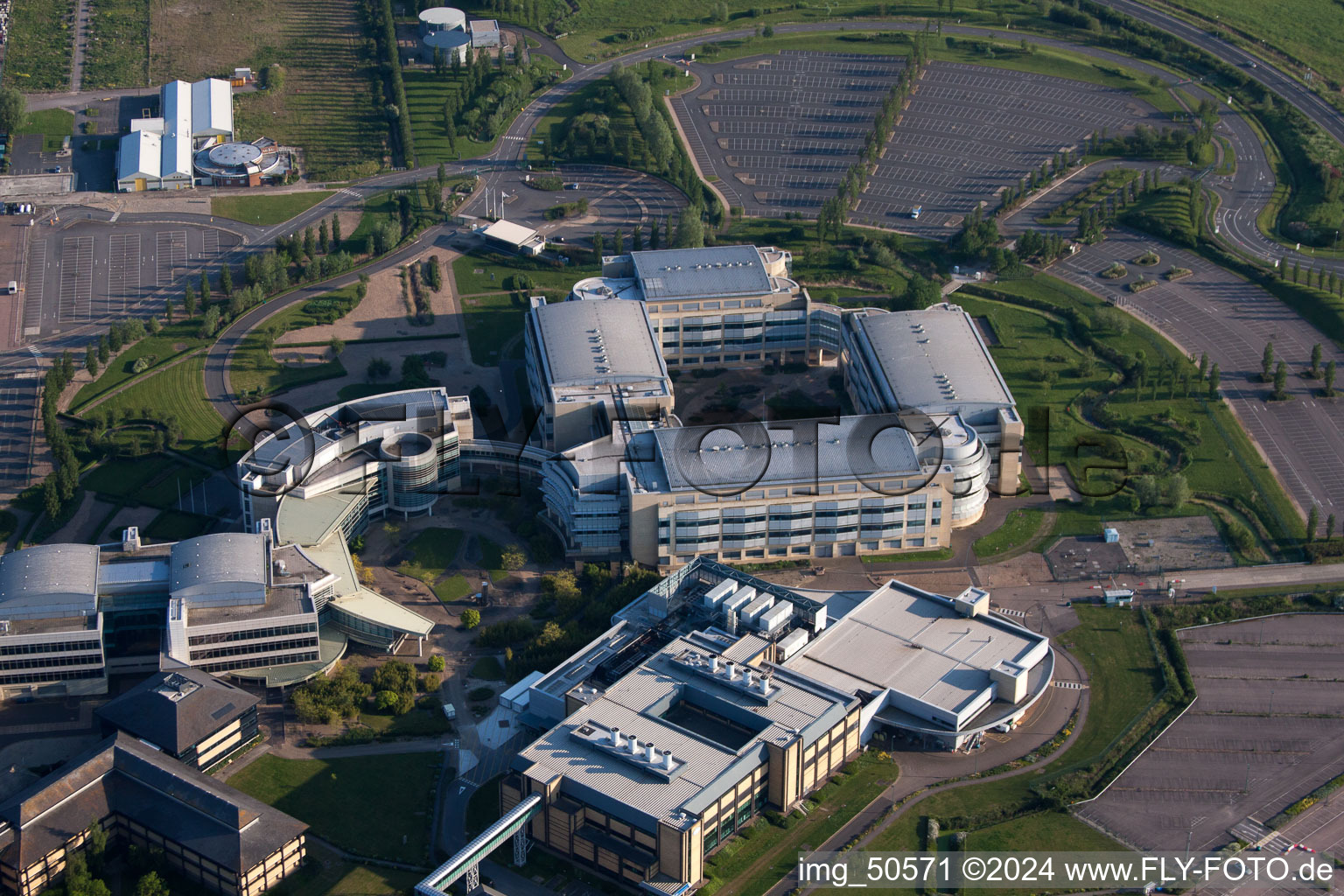 Building and production halls on the premises of the chemical manufacturers Pfizer Ltd and Discovery Park in Sandwich in England, United Kingdom seen from above