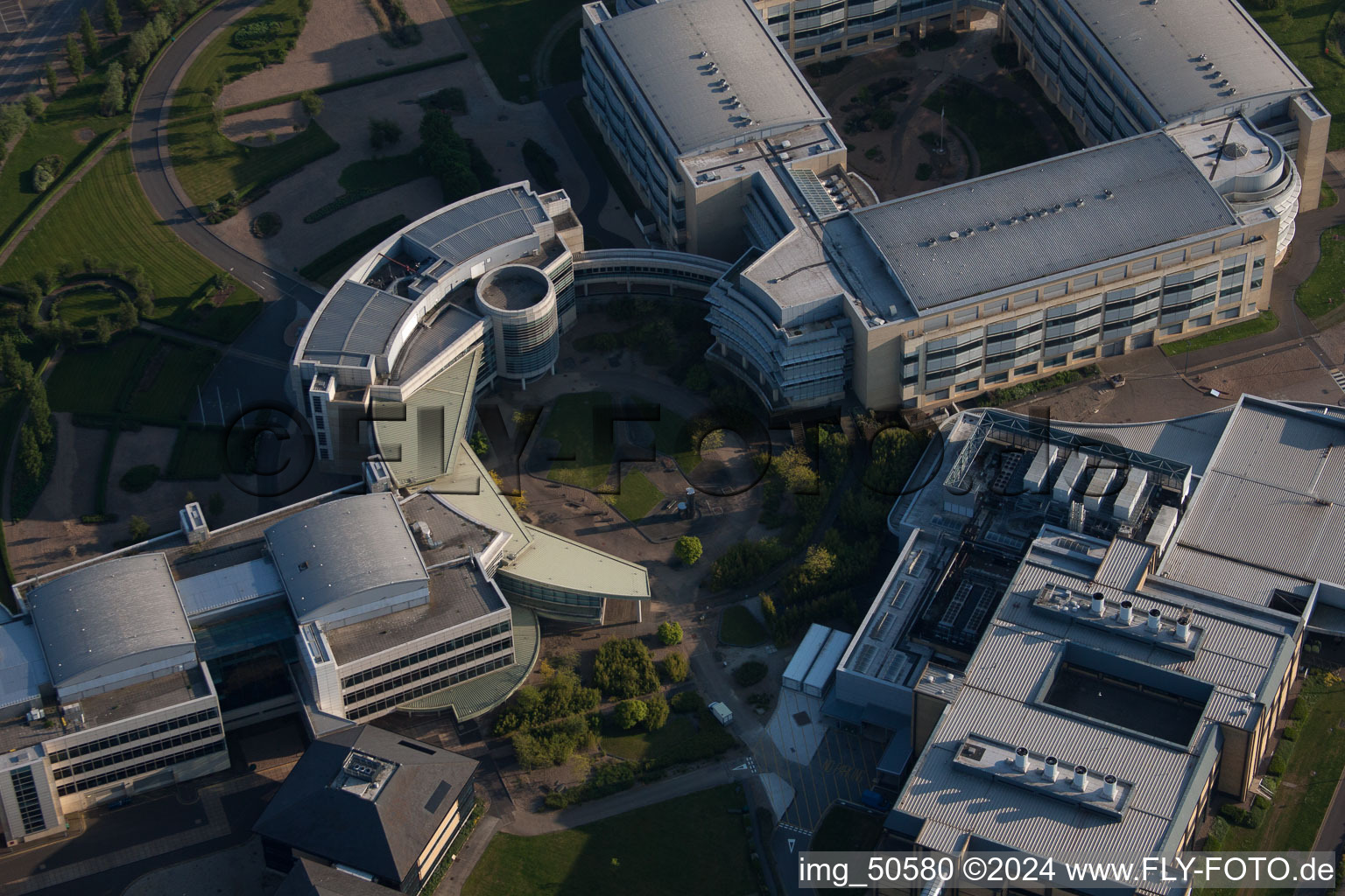 Bird's eye view of Building and production halls on the premises of the chemical manufacturers Pfizer Ltd and Discovery Park in Sandwich in England, United Kingdom