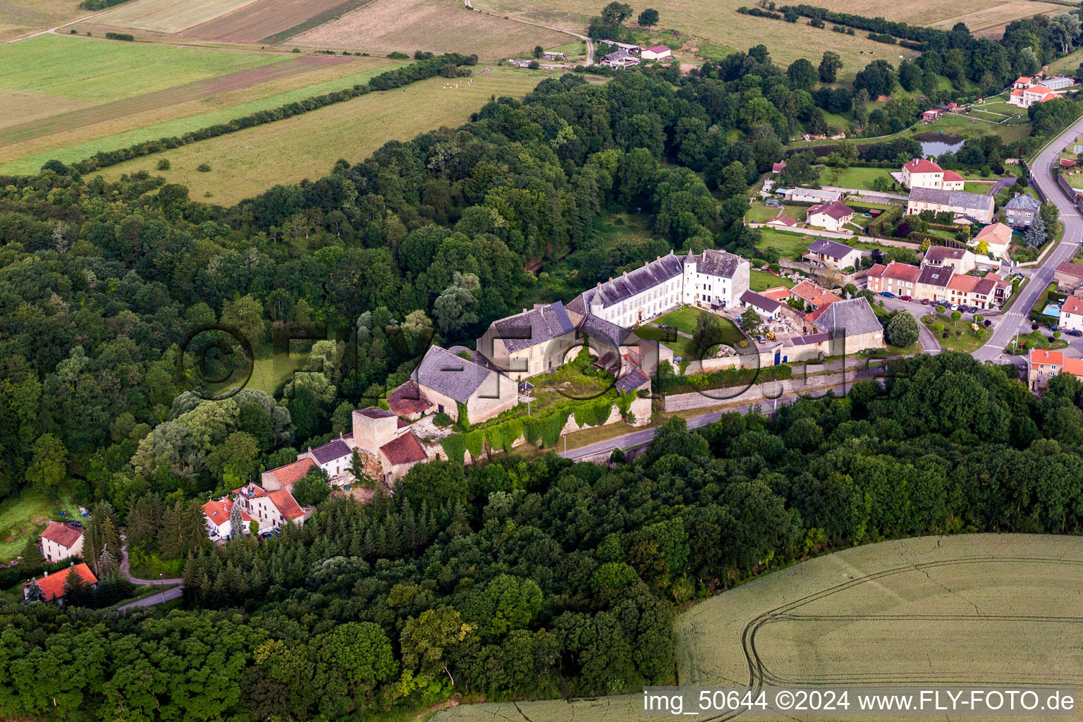 Aerial view of Castle of Schloss Roussy-le-bourg in Roussy-le-Village in Grand Est, France