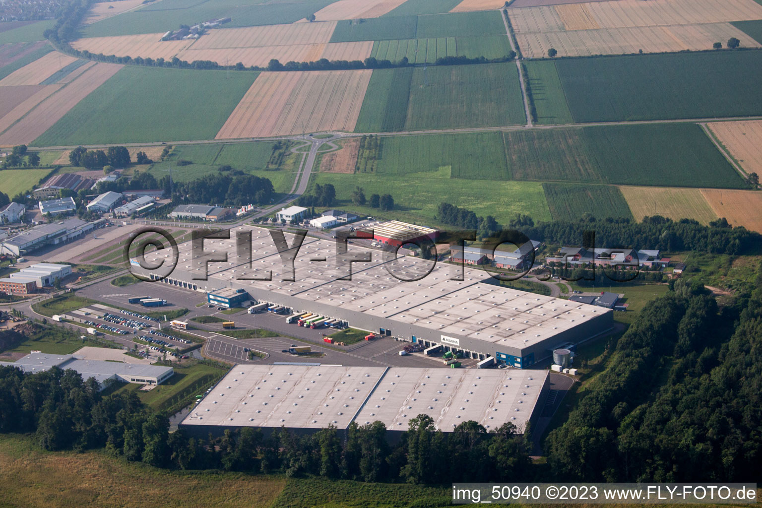 Horst industrial area, coincidence logistics center in the district Minderslachen in Kandel in the state Rhineland-Palatinate, Germany viewn from the air