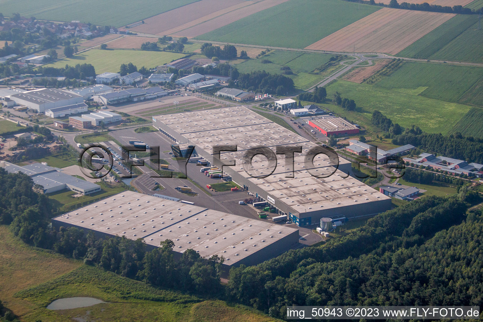 Horst industrial area, coincidence logistics center in the district Minderslachen in Kandel in the state Rhineland-Palatinate, Germany from the drone perspective