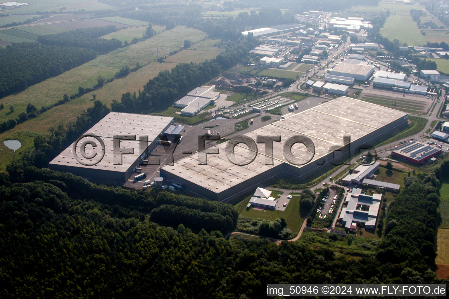 Aerial view of Horst Industrial Area, Zufall Logistics Center in the district Minderslachen in Kandel in the state Rhineland-Palatinate, Germany