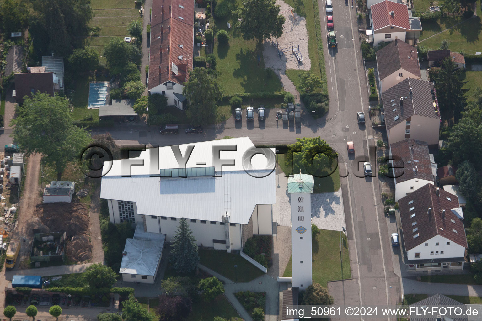 Aerial photograpy of Catholic Church of St. Pius in Kandel in the state Rhineland-Palatinate, Germany