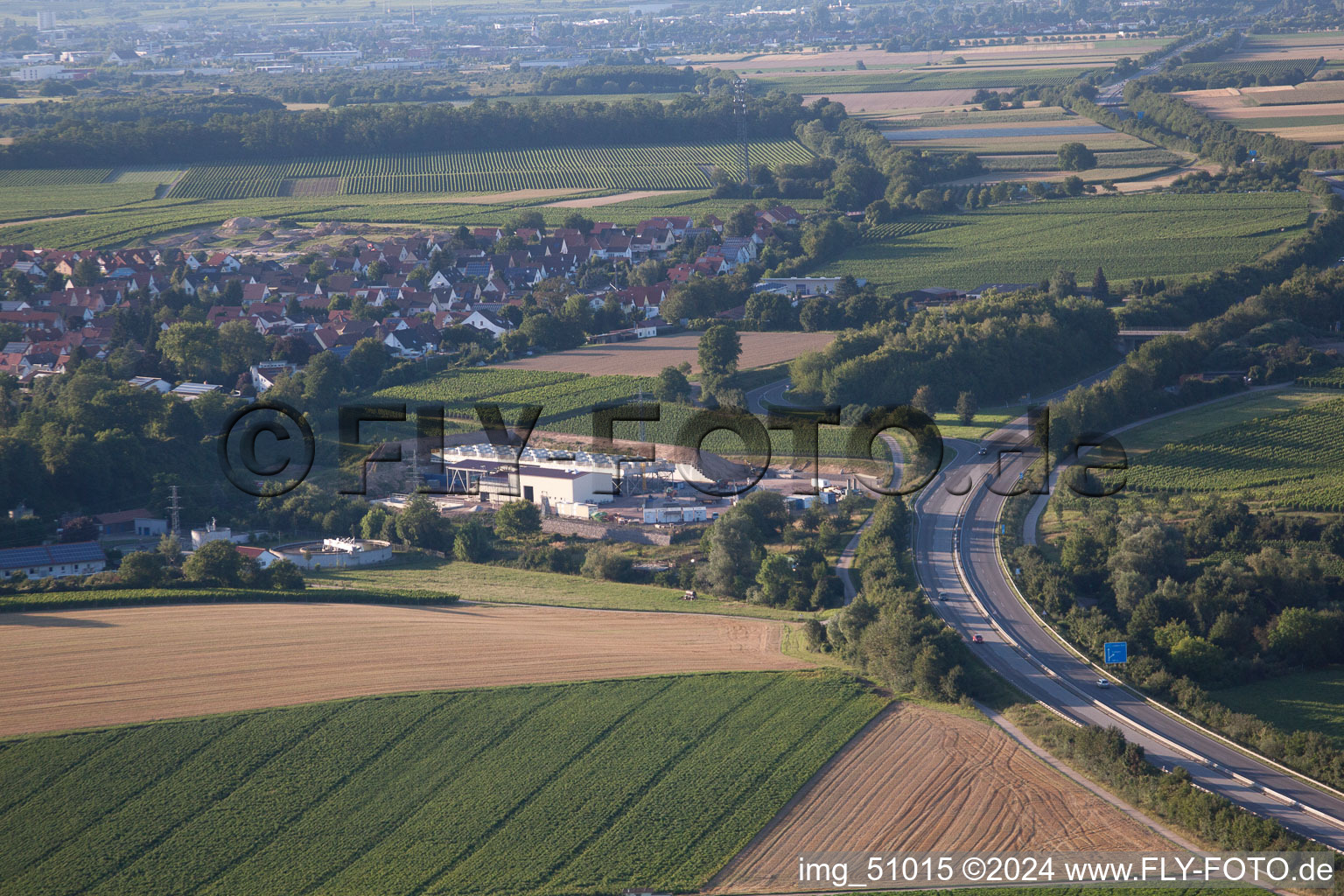 Aerial view of Geothermal plant of Pfalzwerke geofuture GmbH at Insheim on the A65 in Insheim in the state Rhineland-Palatinate, Germany