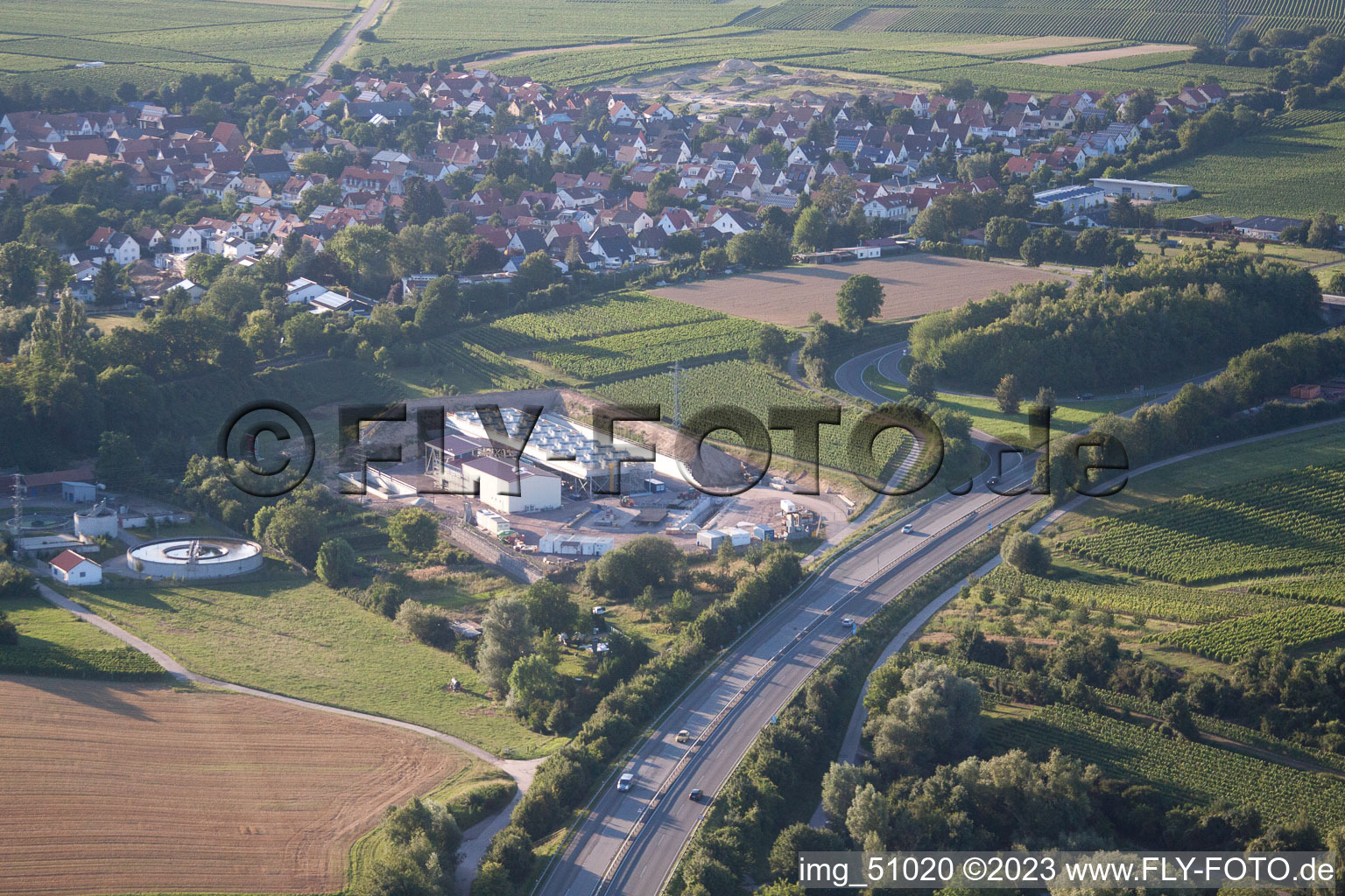 Geothermal energy plant from Pfalzwerke geofuture GmbH at Insheim on the A65 in Insheim in the state Rhineland-Palatinate, Germany from above