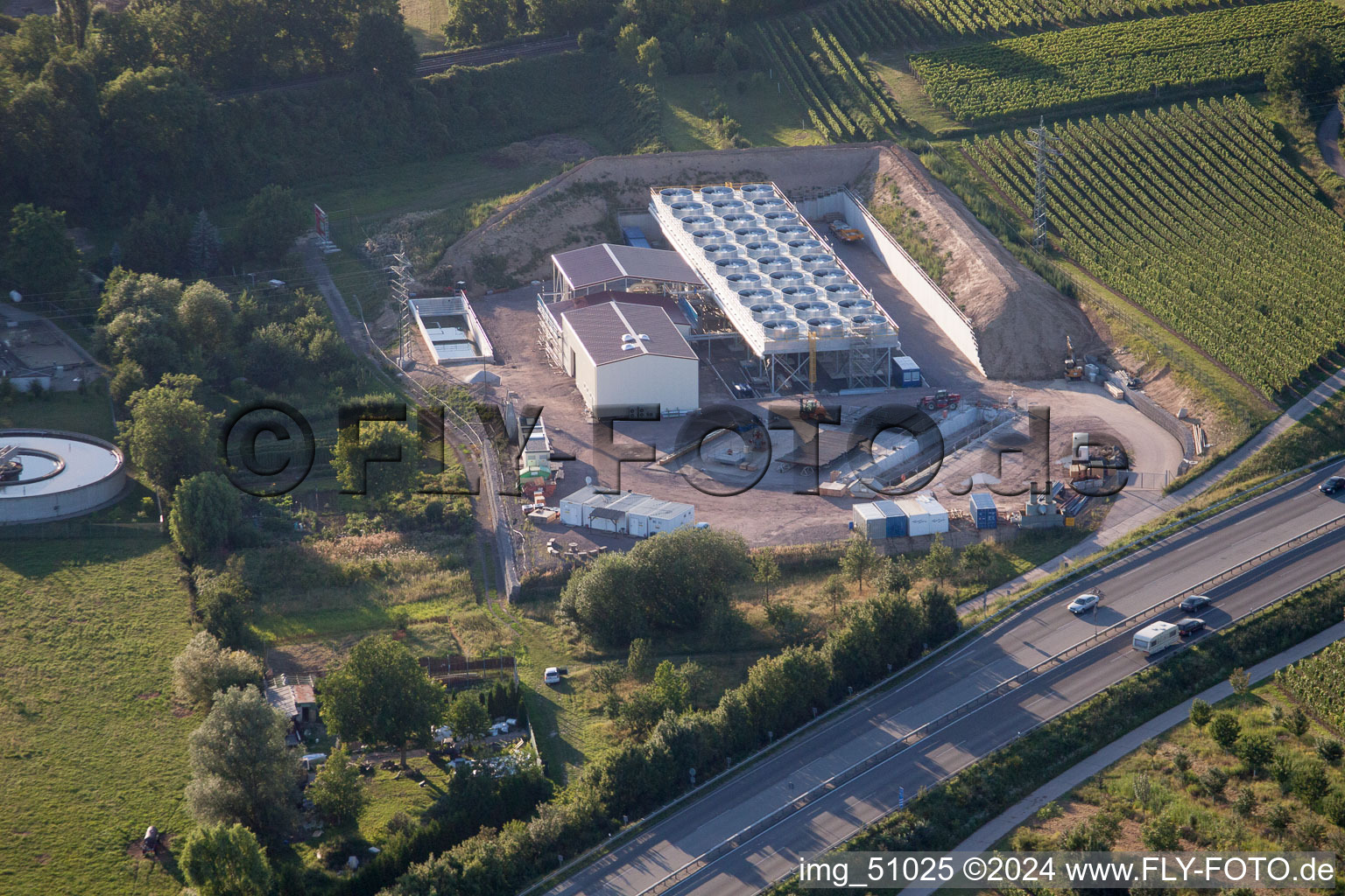 Aerial view of Power plants of geo-thermal power station on A65 in Insheim in the state Rhineland-Palatinate