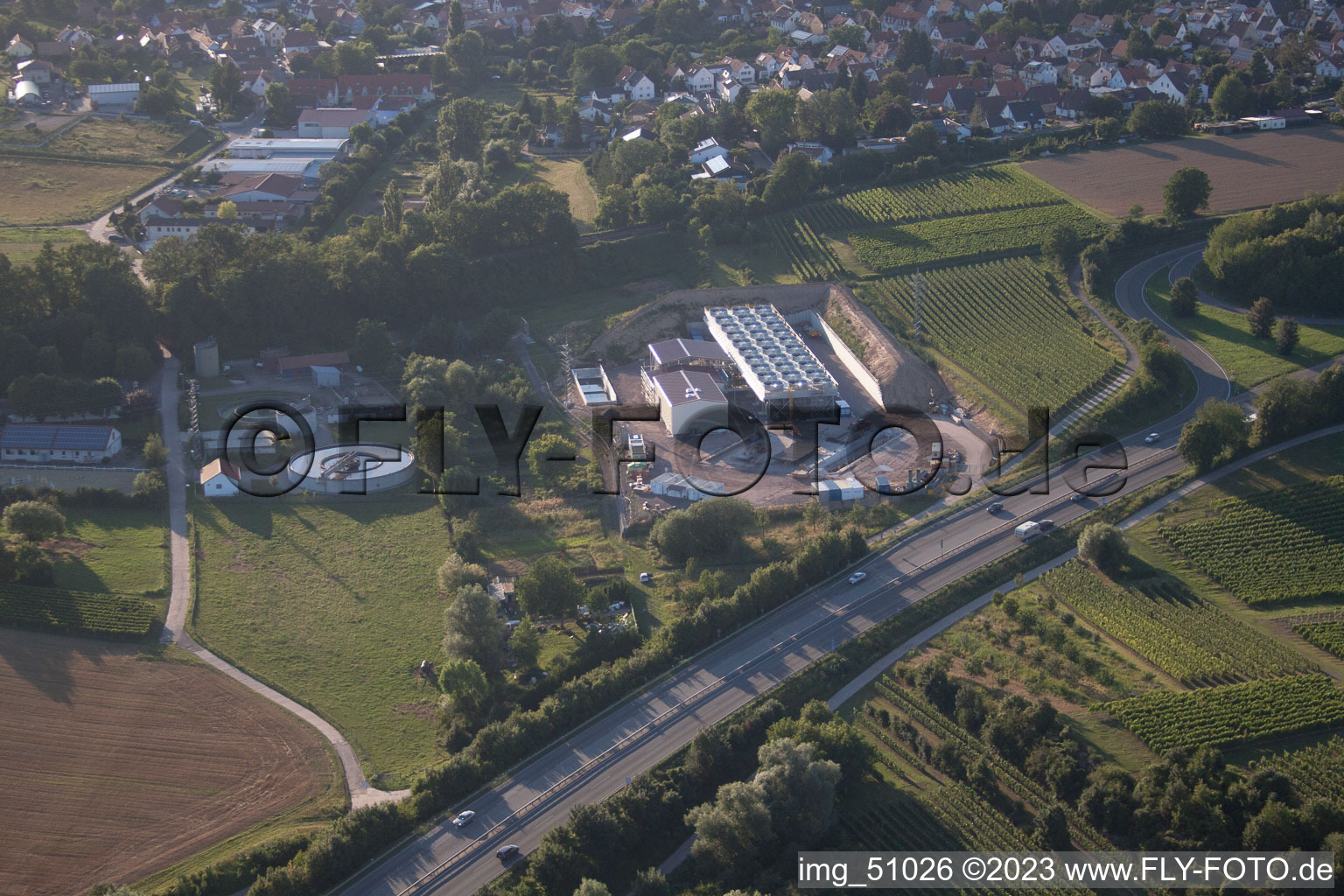 Geothermal energy plant from Pfalzwerke geofuture GmbH at Insheim on the A65 in Insheim in the state Rhineland-Palatinate, Germany seen from above