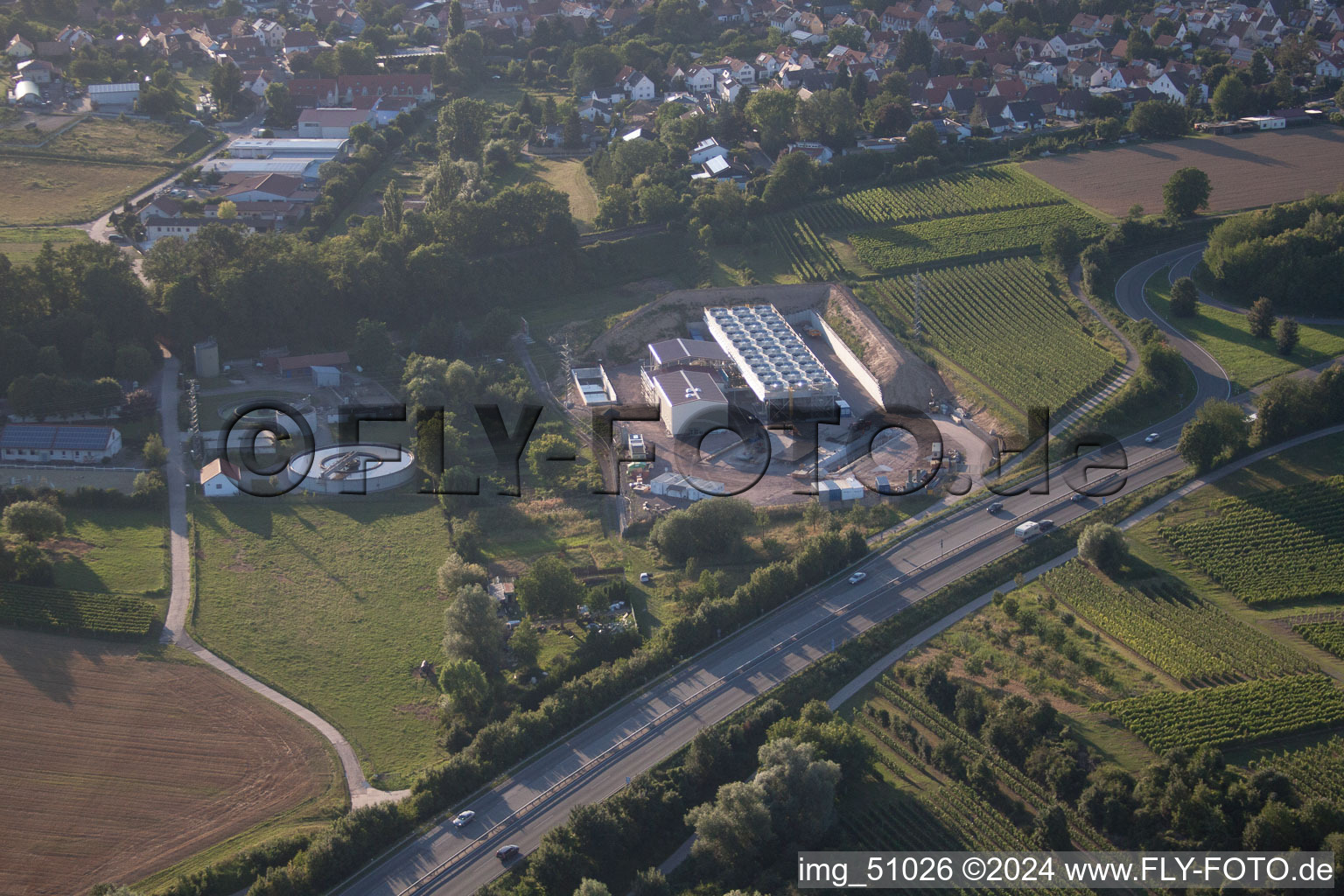 Geothermal plant of Pfalzwerke geofuture GmbH at Insheim on the A65 in Insheim in the state Rhineland-Palatinate, Germany seen from above