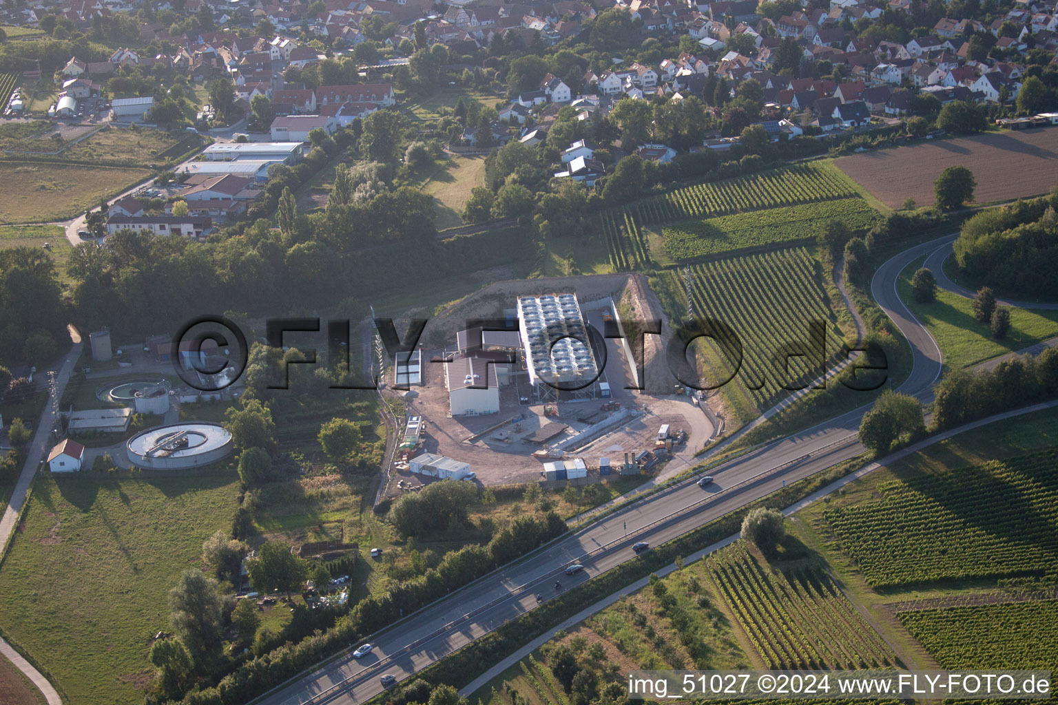 Geothermal plant of Pfalzwerke geofuture GmbH at Insheim on the A65 in Insheim in the state Rhineland-Palatinate, Germany from the plane