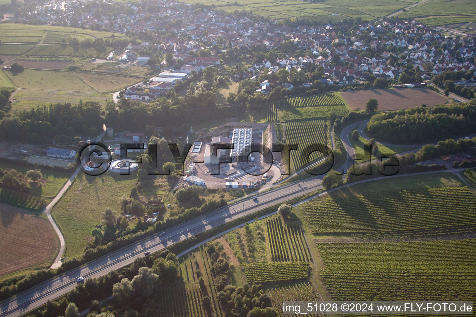 Bird's eye view of Geothermal plant of Pfalzwerke geofuture GmbH at Insheim on the A65 in Insheim in the state Rhineland-Palatinate, Germany