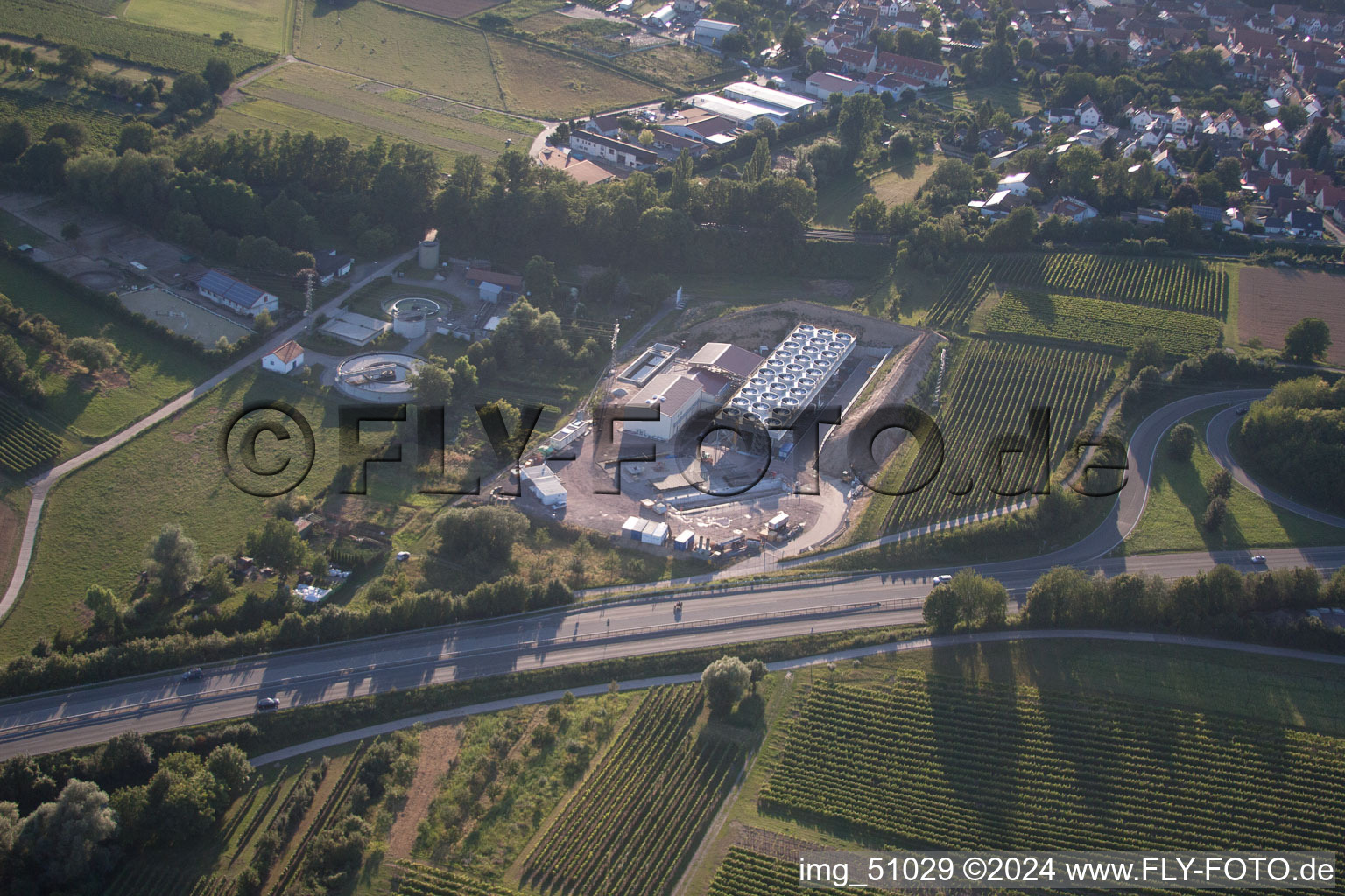 Geothermal plant of Pfalzwerke geofuture GmbH at Insheim on the A65 in Insheim in the state Rhineland-Palatinate, Germany viewn from the air