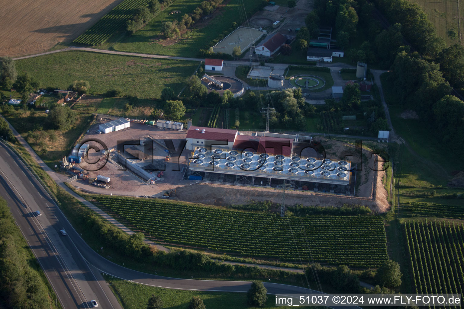 Geothermal plant of Pfalzwerke geofuture GmbH at Insheim on the A65 in Insheim in the state Rhineland-Palatinate, Germany from the drone perspective