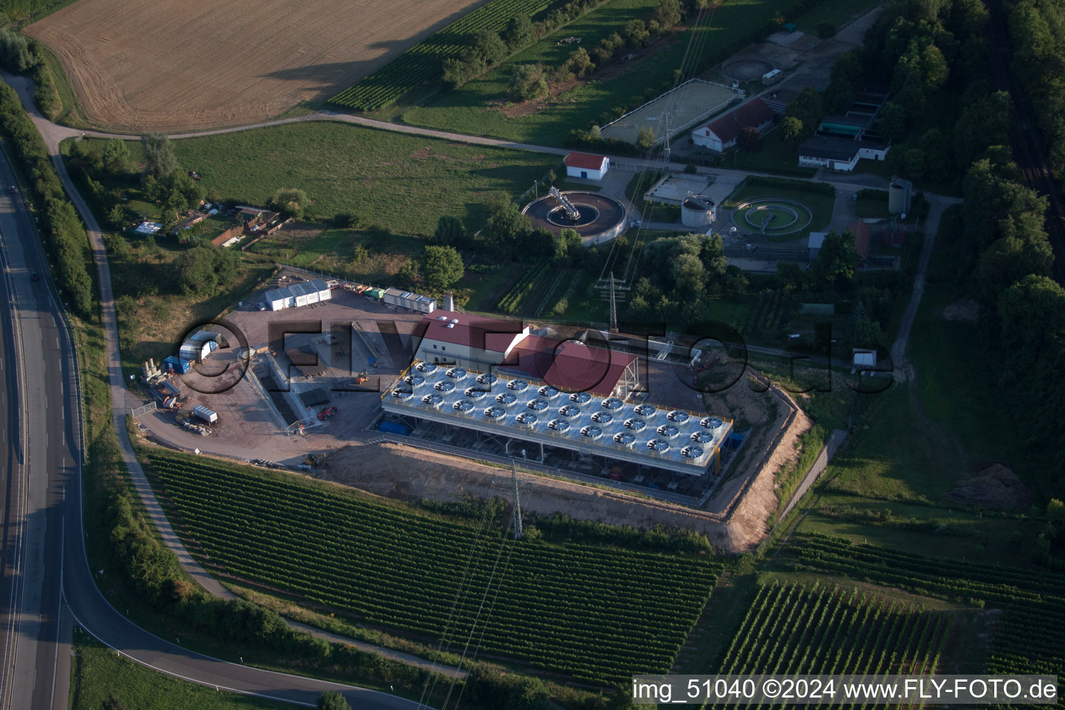 Geothermal plant of Pfalzwerke geofuture GmbH at Insheim on the A65 in Insheim in the state Rhineland-Palatinate, Germany from a drone