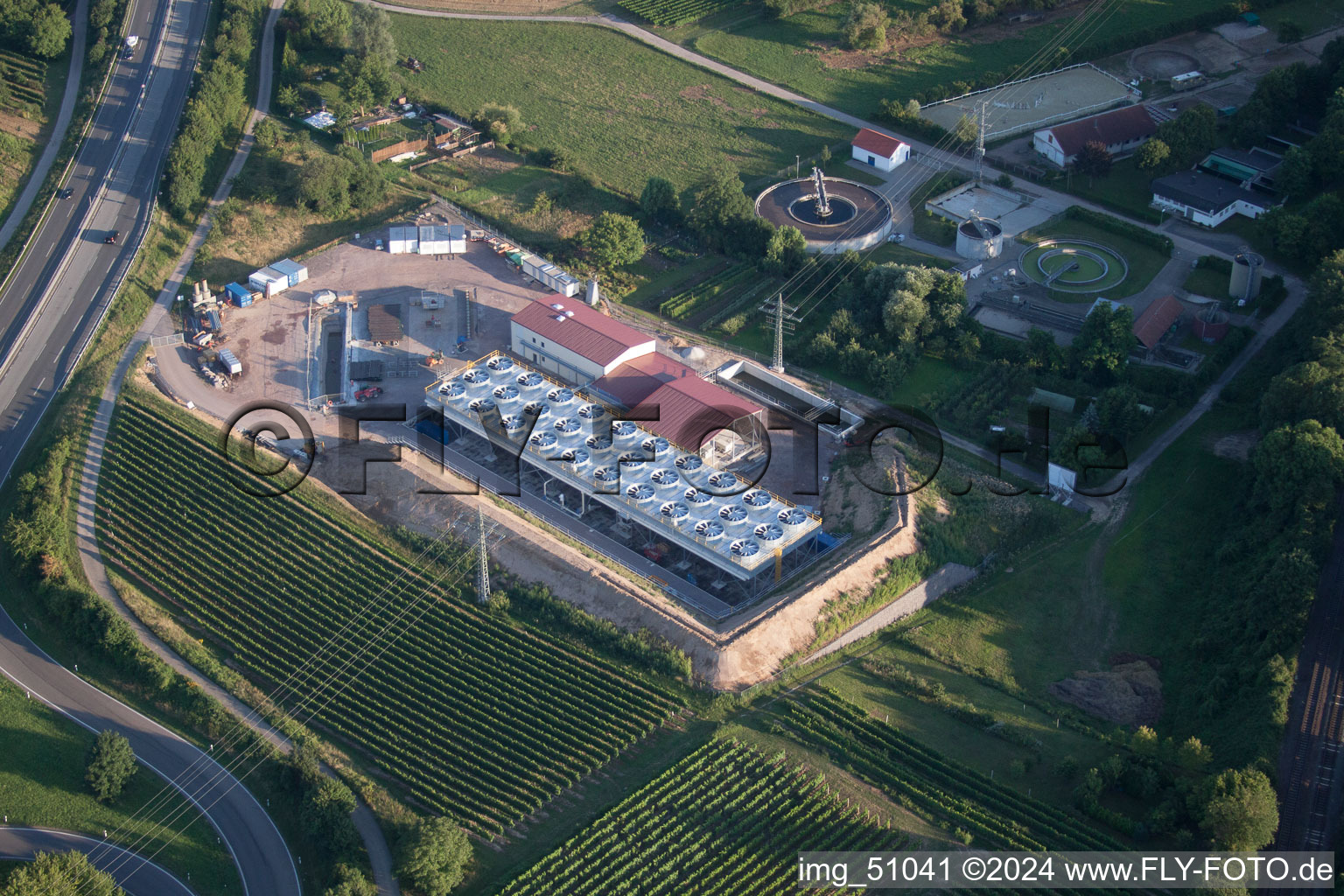 Geothermal plant of Pfalzwerke geofuture GmbH at Insheim on the A65 in Insheim in the state Rhineland-Palatinate, Germany seen from a drone