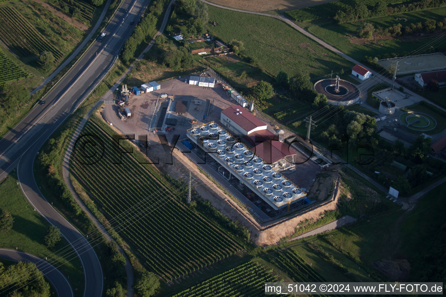 Aerial view of Geothermal plant of Pfalzwerke geofuture GmbH at Insheim on the A65 in Insheim in the state Rhineland-Palatinate, Germany