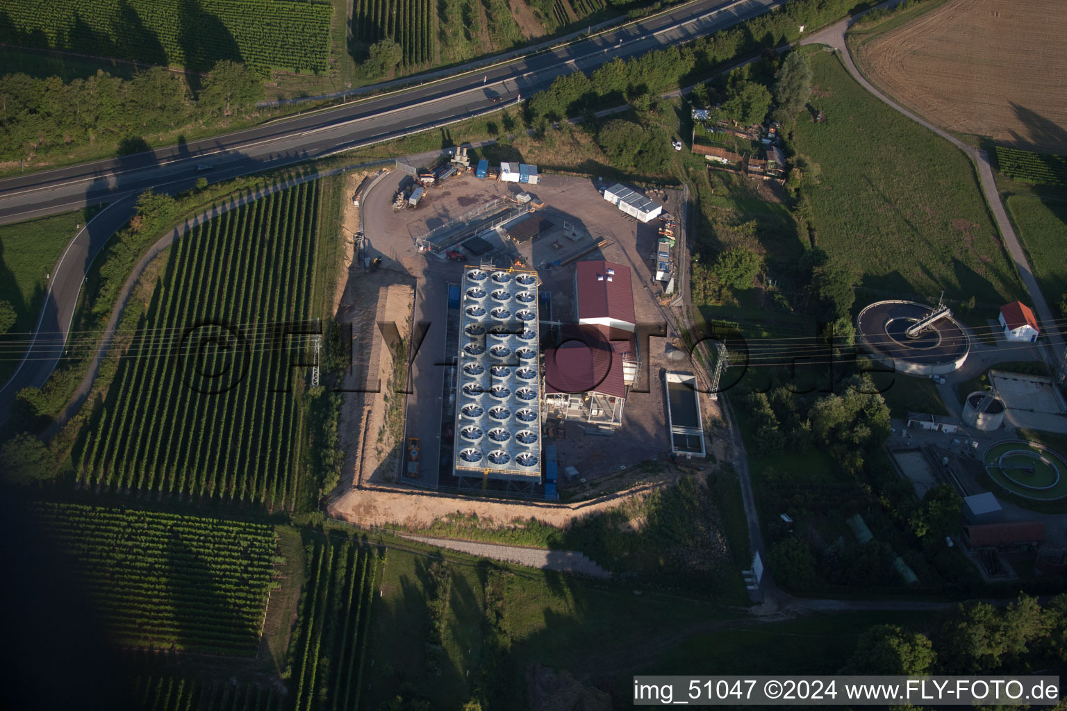 Oblique view of Geothermal plant of Pfalzwerke geofuture GmbH at Insheim on the A65 in Insheim in the state Rhineland-Palatinate, Germany