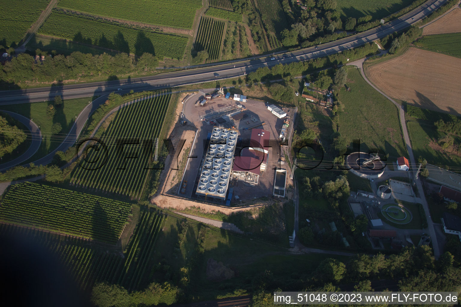 Geothermal energy plant from Pfalzwerke geofuture GmbH at Insheim on the A65 in Insheim in the state Rhineland-Palatinate, Germany from above