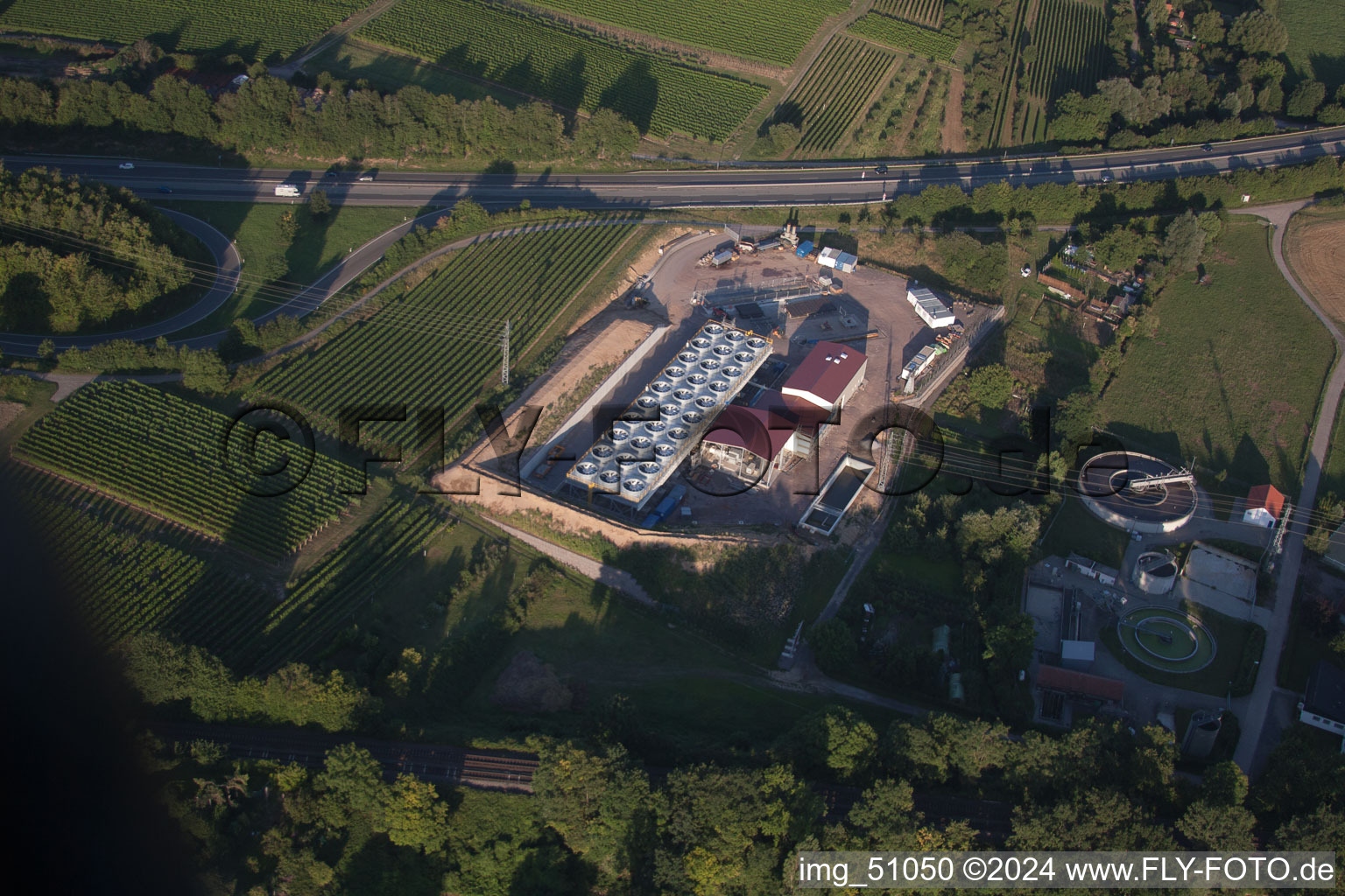 Geothermal energy plant from Pfalzwerke geofuture GmbH at Insheim on the A65 in Insheim in the state Rhineland-Palatinate, Germany out of the air