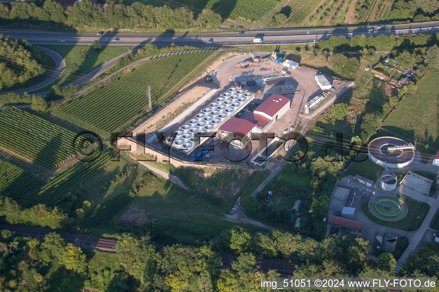 Power plants of geo-thermal power station on A65 in Insheim in the state Rhineland-Palatinate from above