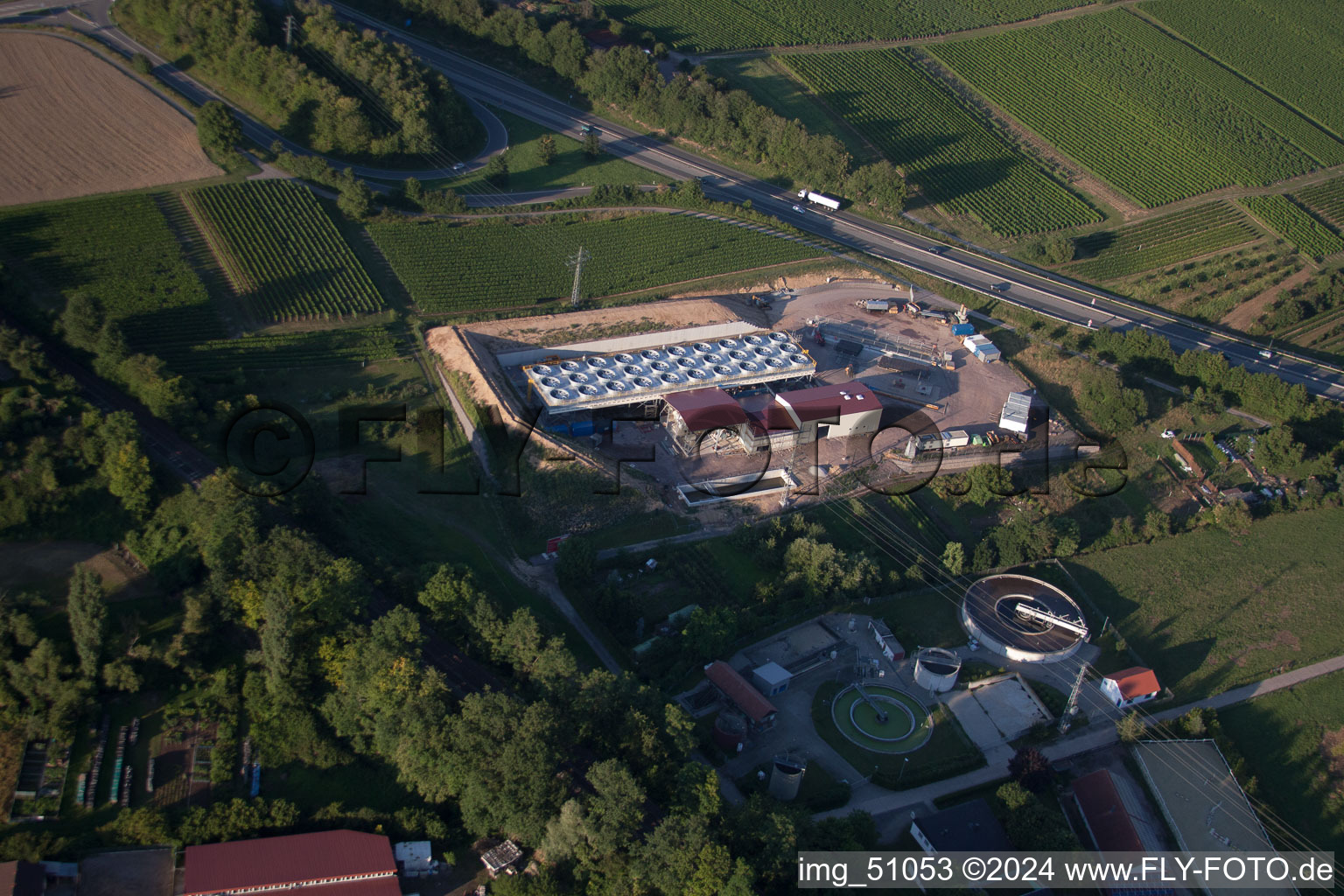 Geothermal plant of Pfalzwerke geofuture GmbH at Insheim on the A65 in Insheim in the state Rhineland-Palatinate, Germany seen from above