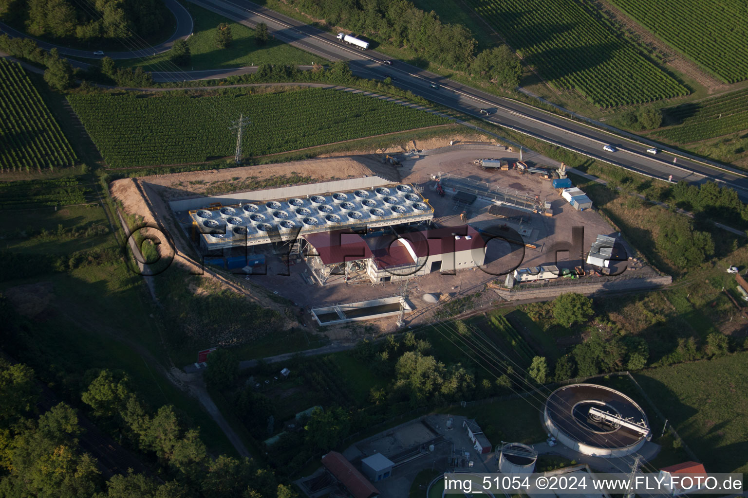 Geothermal plant of Pfalzwerke geofuture GmbH at Insheim on the A65 in Insheim in the state Rhineland-Palatinate, Germany from the plane