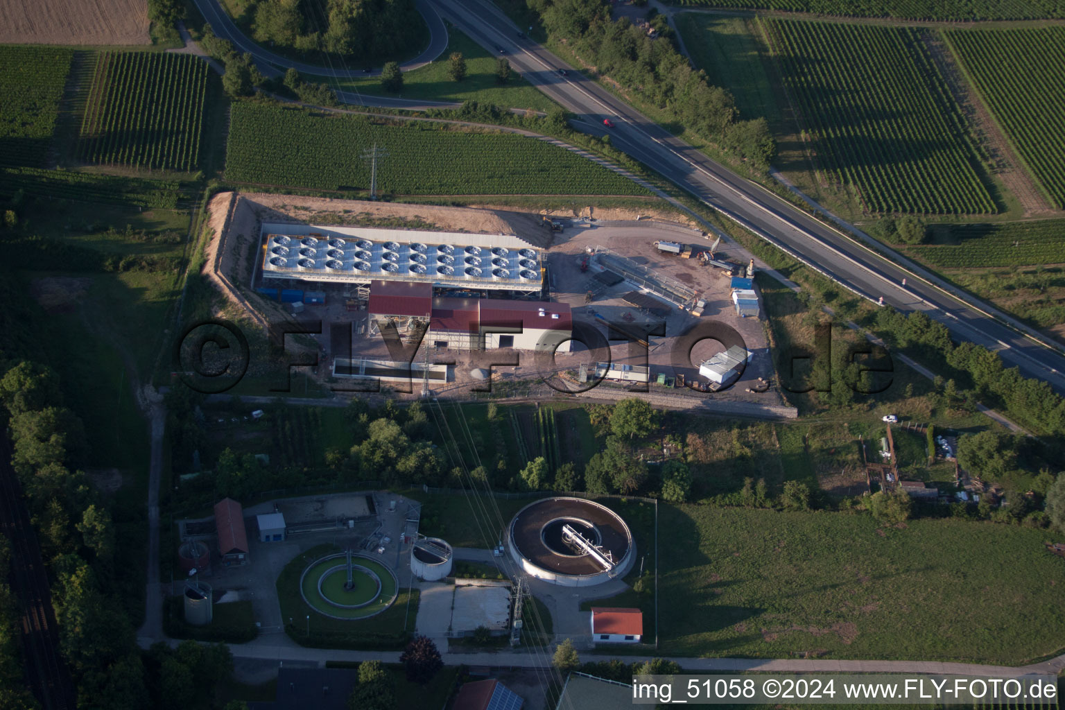 Geothermal plant of Pfalzwerke geofuture GmbH at Insheim on the A65 in Insheim in the state Rhineland-Palatinate, Germany viewn from the air