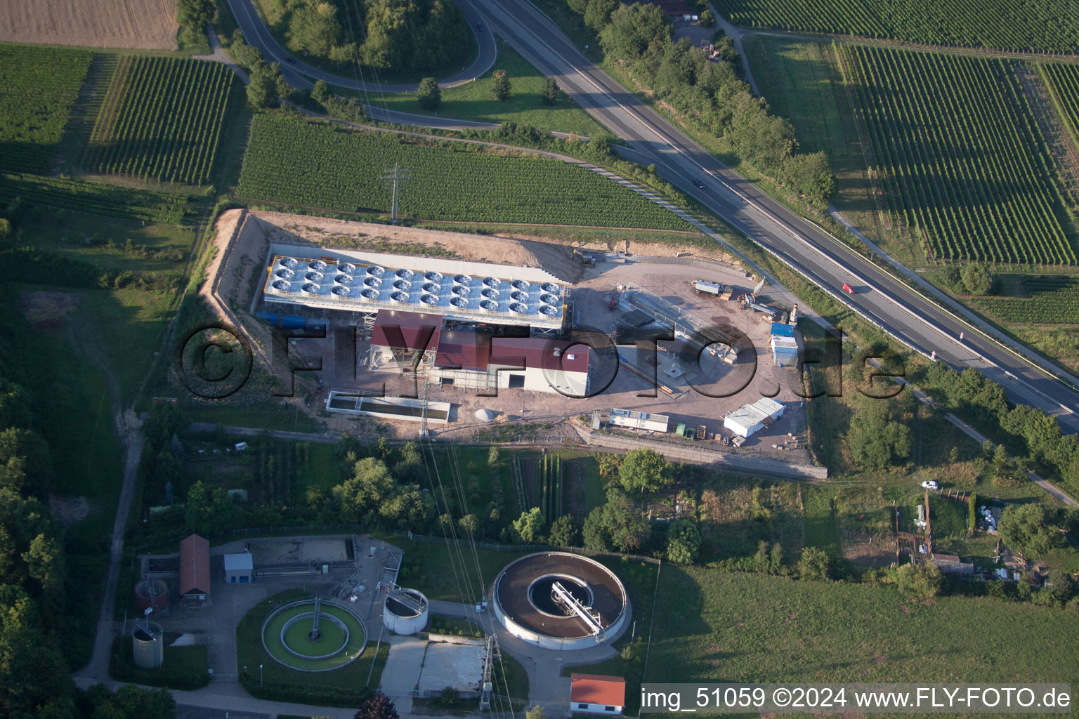 Drone recording of Geothermal energy plant from Pfalzwerke geofuture GmbH at Insheim on the A65 in Insheim in the state Rhineland-Palatinate, Germany