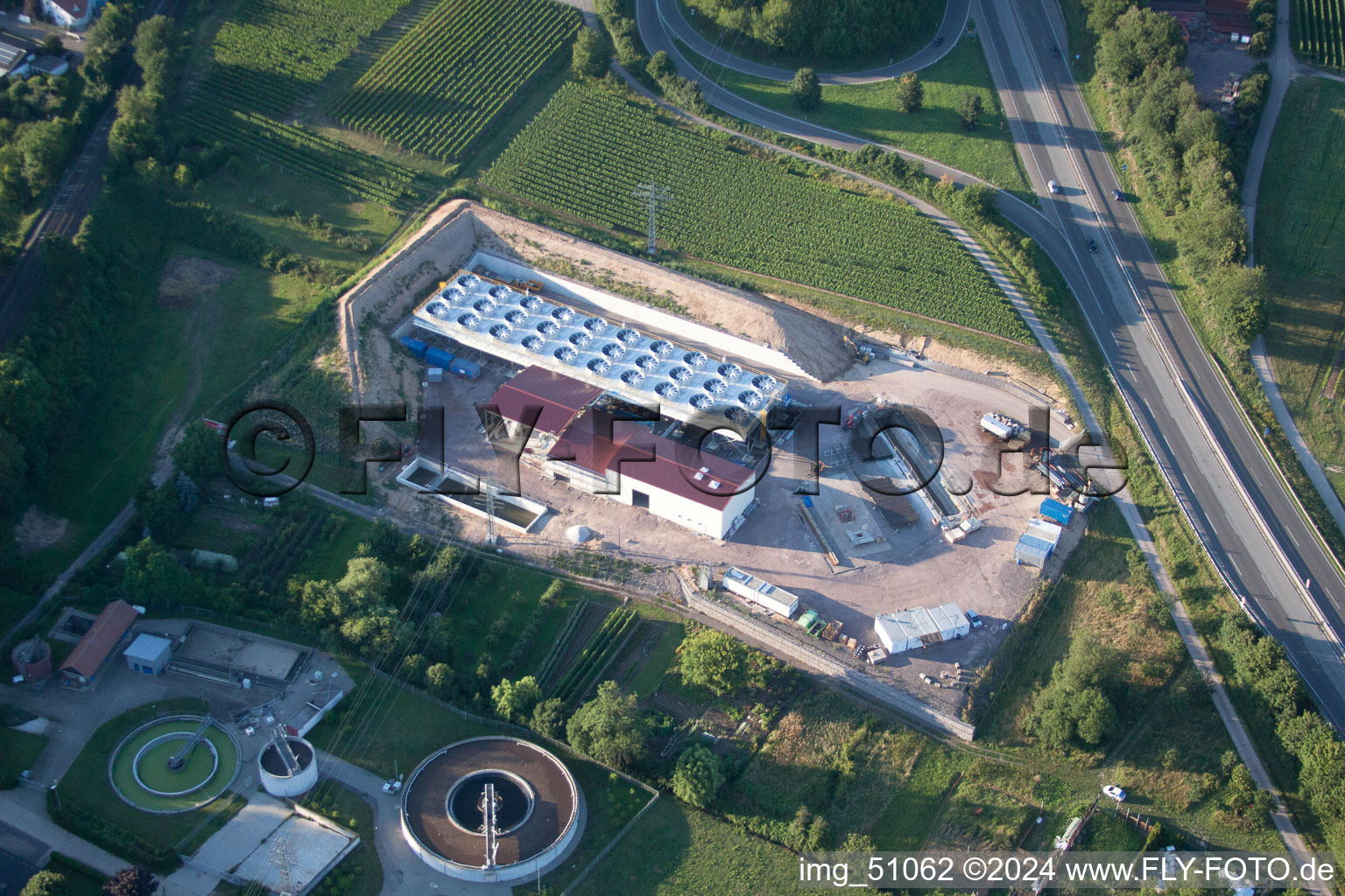 Drone image of Geothermal plant of Pfalzwerke geofuture GmbH at Insheim on the A65 in Insheim in the state Rhineland-Palatinate, Germany