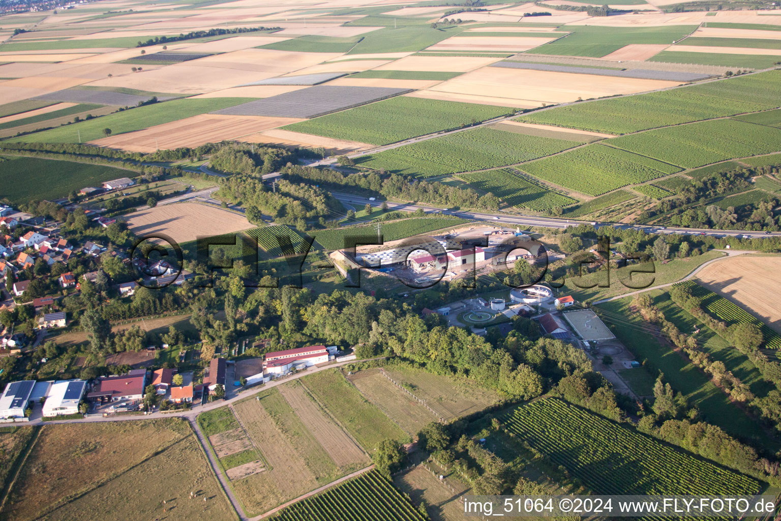 Geothermal plant of Pfalzwerke geofuture GmbH at Insheim on the A65 in Insheim in the state Rhineland-Palatinate, Germany from the drone perspective