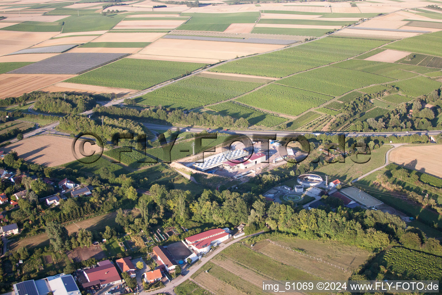 Geothermal plant of Pfalzwerke geofuture GmbH at Insheim on the A65 in Insheim in the state Rhineland-Palatinate, Germany seen from a drone