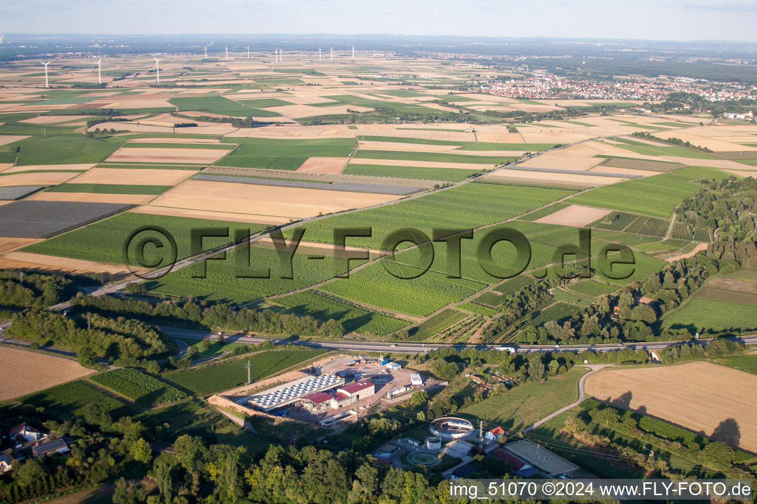 Power plants of geo-thermal power station on A65 in Insheim in the state Rhineland-Palatinate seen from above