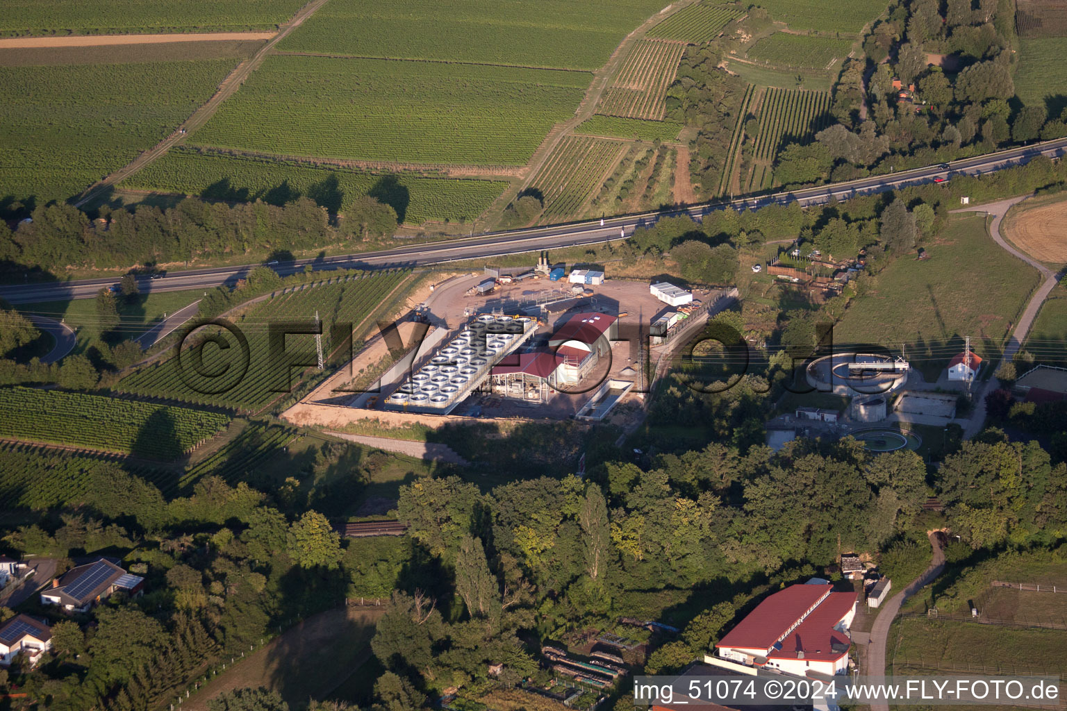 Oblique view of Geothermal energy plant from Pfalzwerke geofuture GmbH at Insheim on the A65 in Insheim in the state Rhineland-Palatinate, Germany