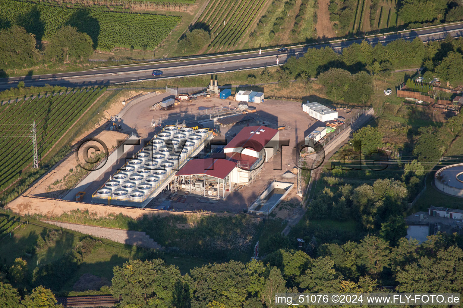 Power plants of geo-thermal power station on A65 in Insheim in the state Rhineland-Palatinate from the plane