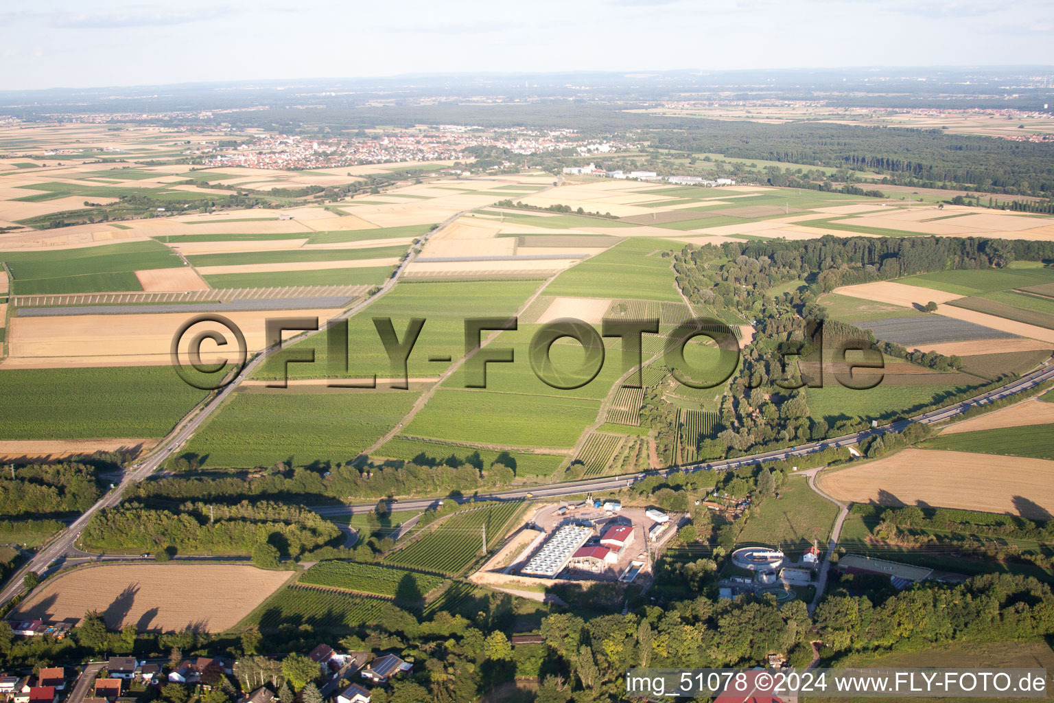 Geothermal energy plant from Pfalzwerke geofuture GmbH at Insheim on the A65 in Insheim in the state Rhineland-Palatinate, Germany from above