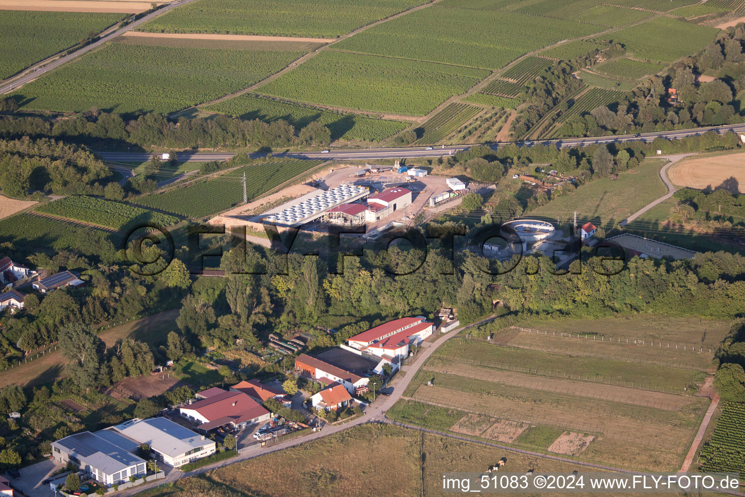 Geothermal plant of Pfalzwerke geofuture GmbH at Insheim on the A65 in Insheim in the state Rhineland-Palatinate, Germany seen from above