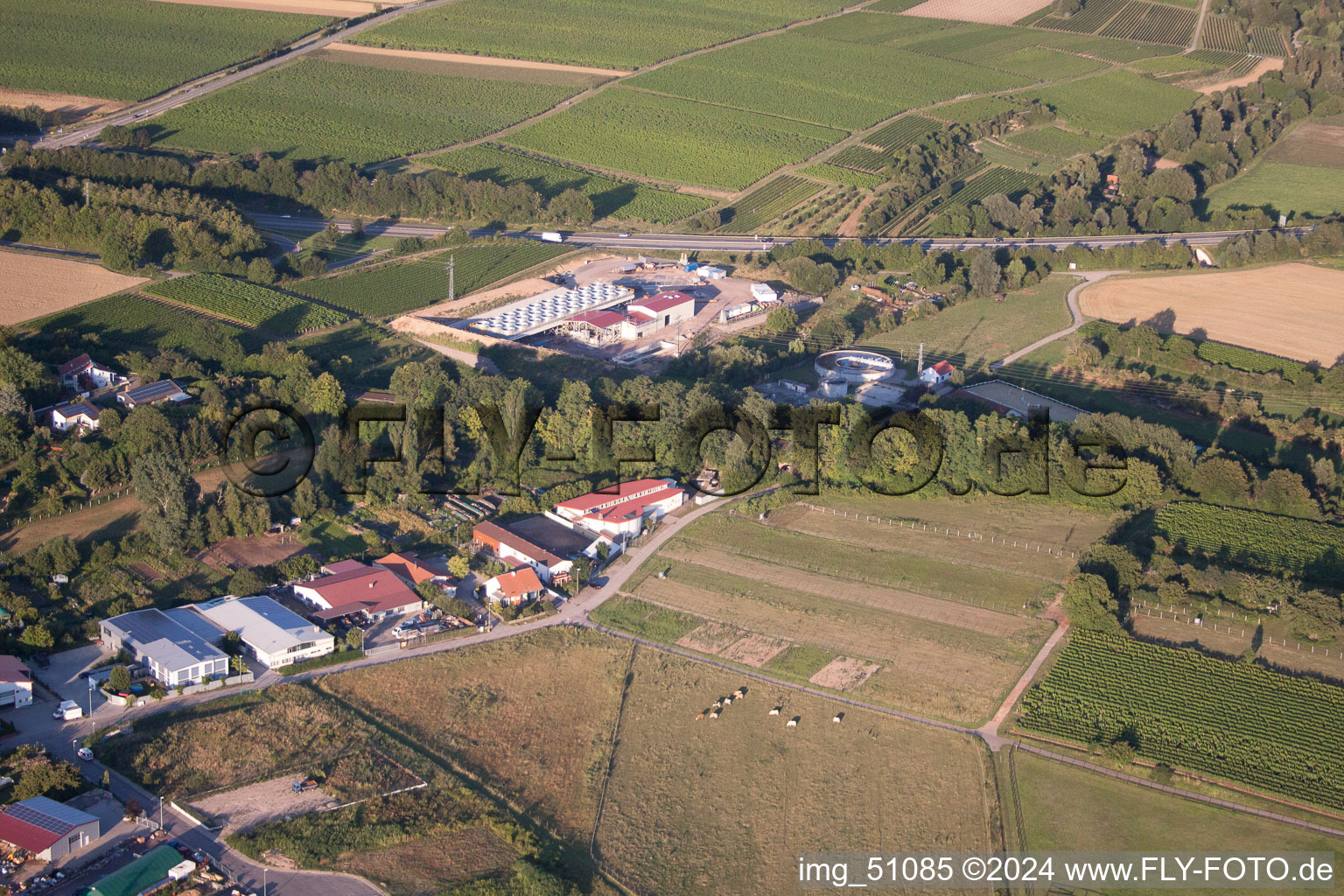 Geothermal plant of Pfalzwerke geofuture GmbH at Insheim on the A65 in Insheim in the state Rhineland-Palatinate, Germany from the plane