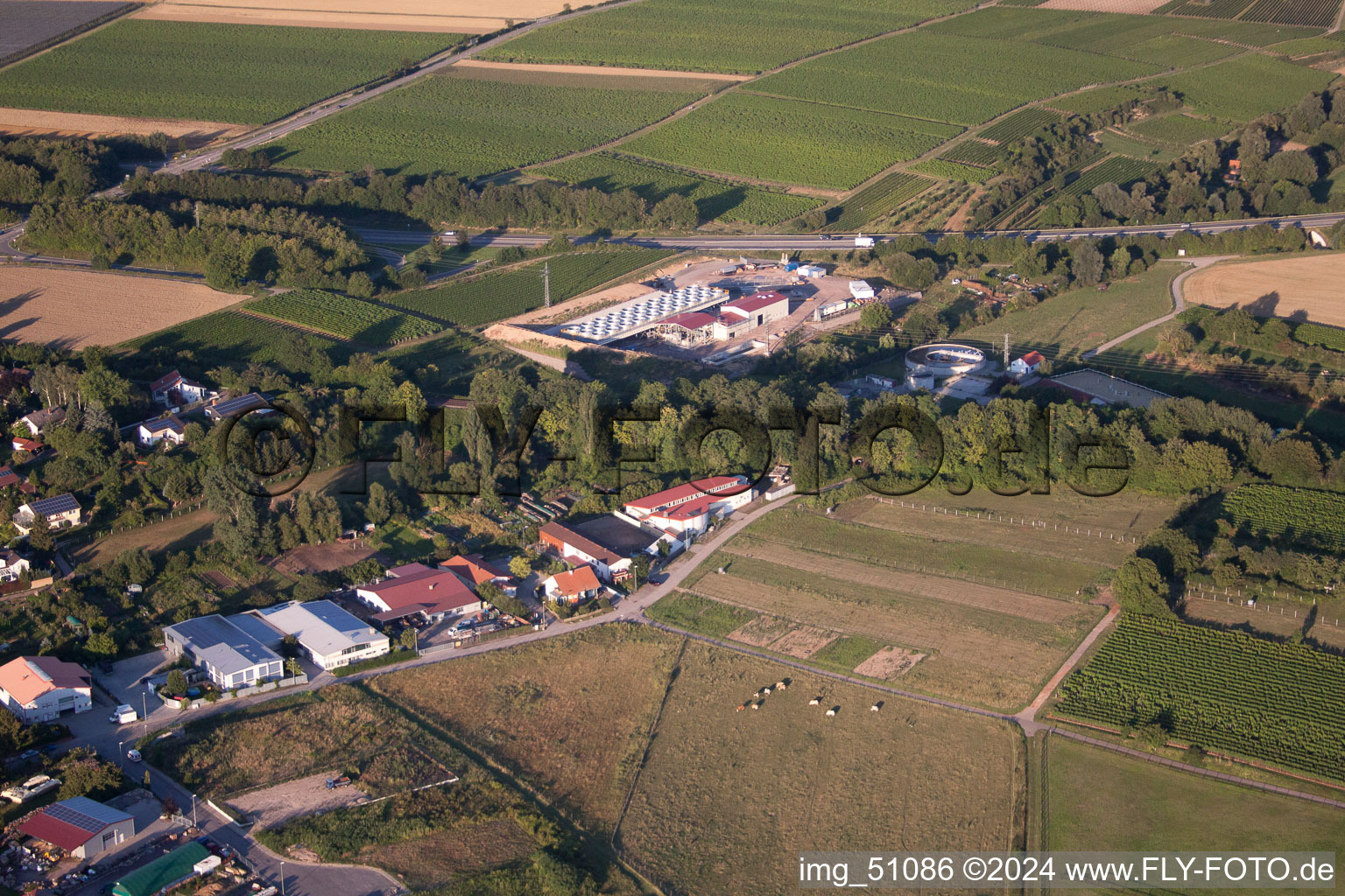 Bird's eye view of Geothermal energy plant from Pfalzwerke geofuture GmbH at Insheim on the A65 in Insheim in the state Rhineland-Palatinate, Germany