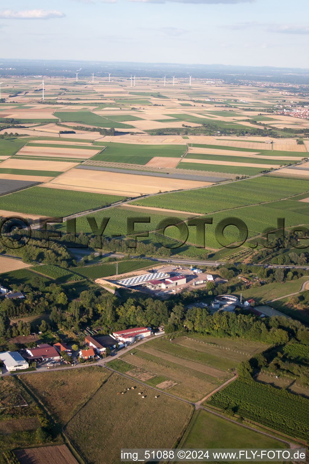 Geothermal plant of Pfalzwerke geofuture GmbH at Insheim on the A65 in Insheim in the state Rhineland-Palatinate, Germany viewn from the air