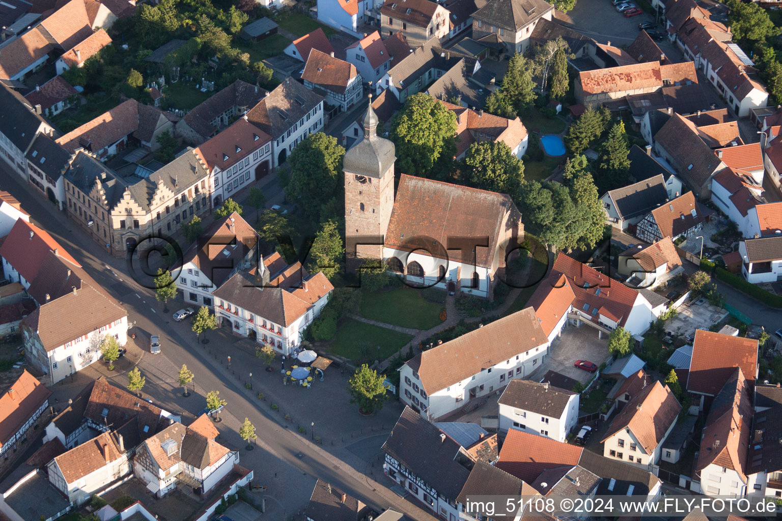 Town View of the streets and houses of the residential areas in the district Billigheim in Billigheim-Ingenheim in the state Rhineland-Palatinate from above