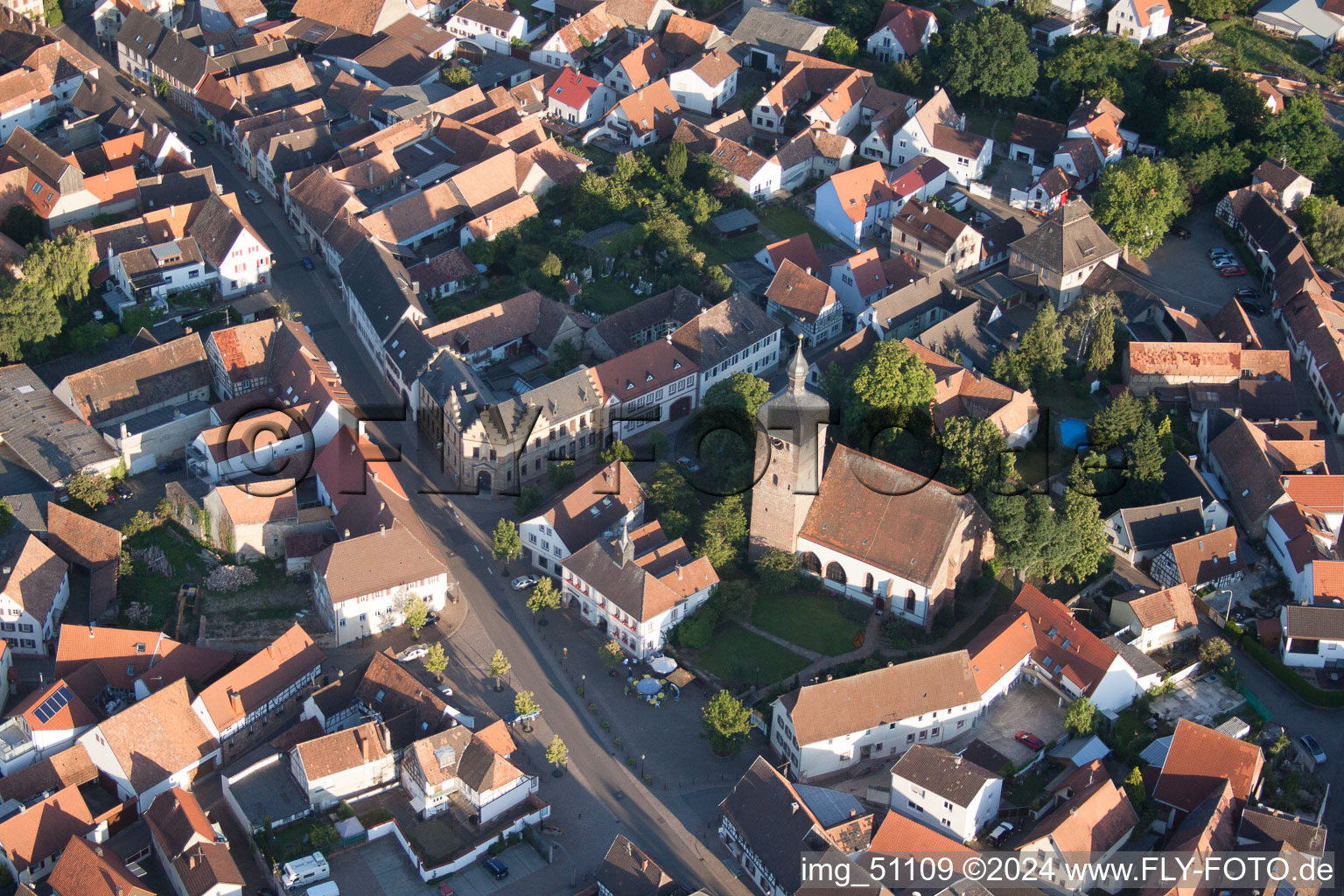 Town View of the streets and houses of the residential areas in the district Billigheim in Billigheim-Ingenheim in the state Rhineland-Palatinate out of the air