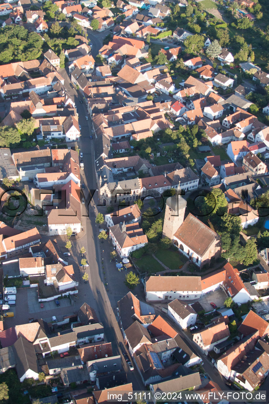 Town View of the streets and houses of the residential areas in the district Billigheim in Billigheim-Ingenheim in the state Rhineland-Palatinate seen from above