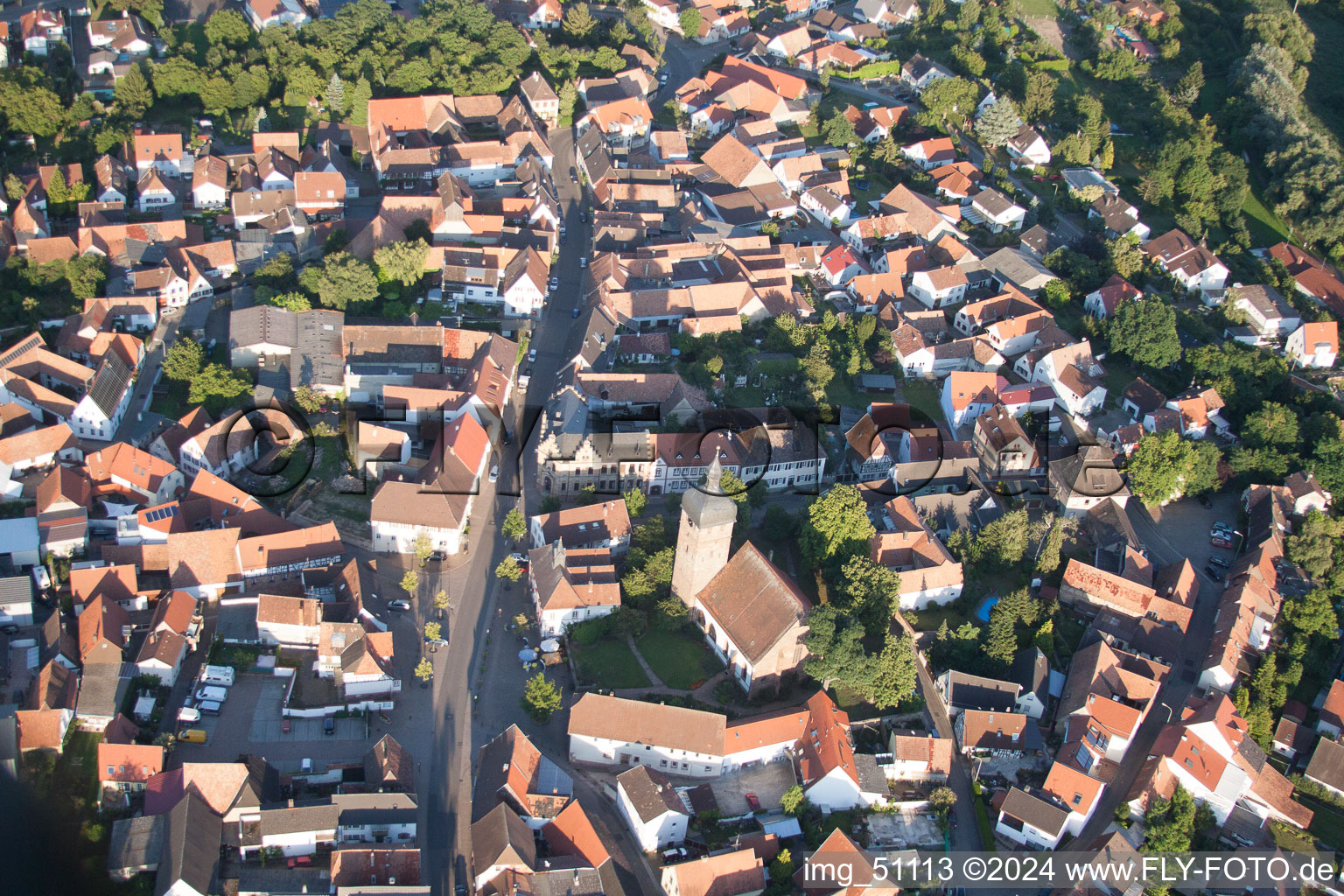 Town View of the streets and houses of the residential areas in the district Billigheim in Billigheim-Ingenheim in the state Rhineland-Palatinate from the plane