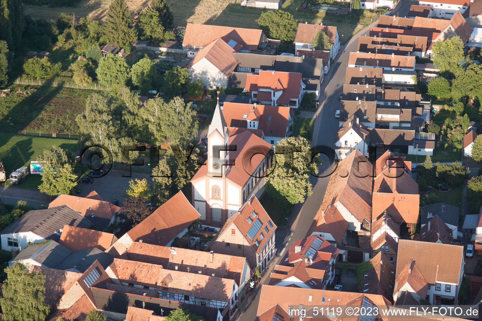 District Mühlhofen in Billigheim-Ingenheim in the state Rhineland-Palatinate, Germany from the drone perspective