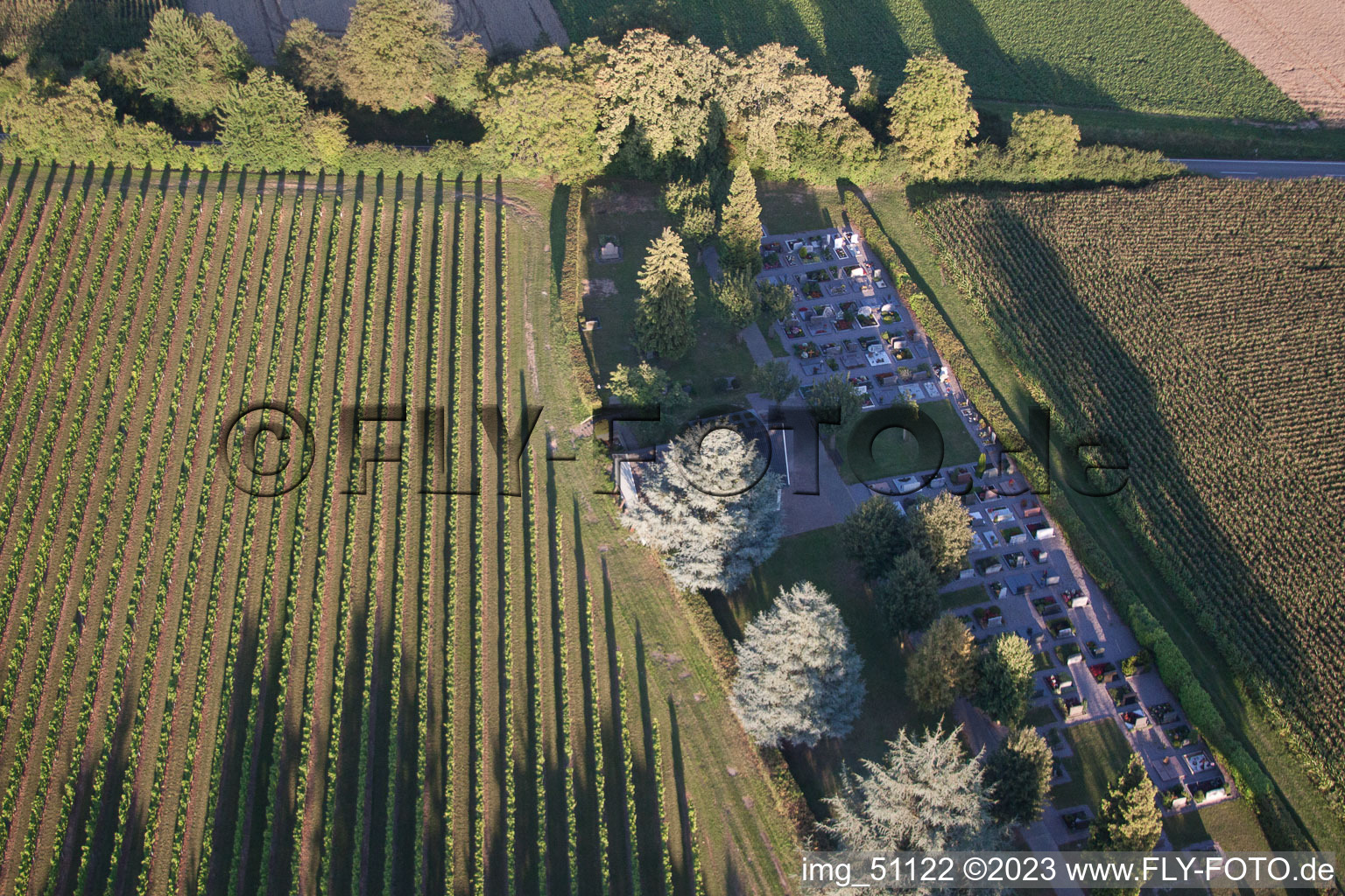 Aerial view of Cemetery in the district Mühlhofen in Billigheim-Ingenheim in the state Rhineland-Palatinate, Germany