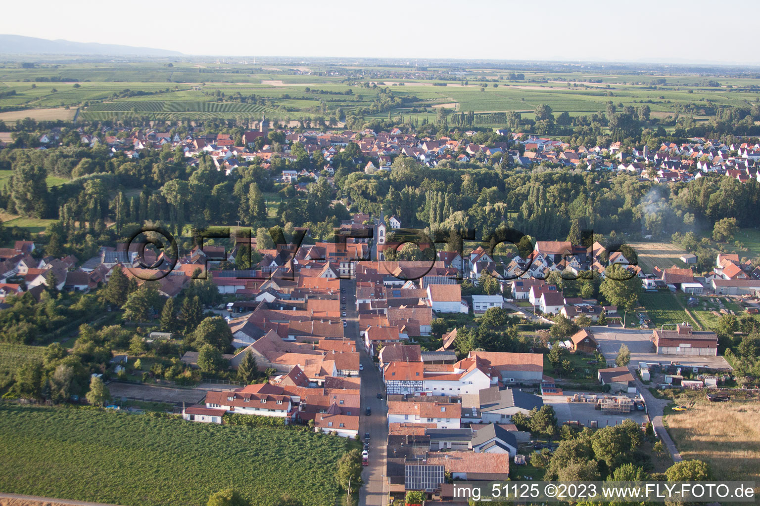 District Mühlhofen in Billigheim-Ingenheim in the state Rhineland-Palatinate, Germany seen from a drone